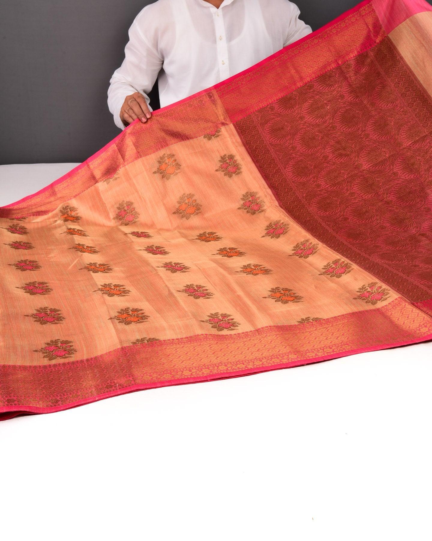 Metallic Peach Banarasi Antique Zari & Resham Meena Buta Cutwork Brocade Woven Cotton Tissue Saree - By HolyWeaves, Benares