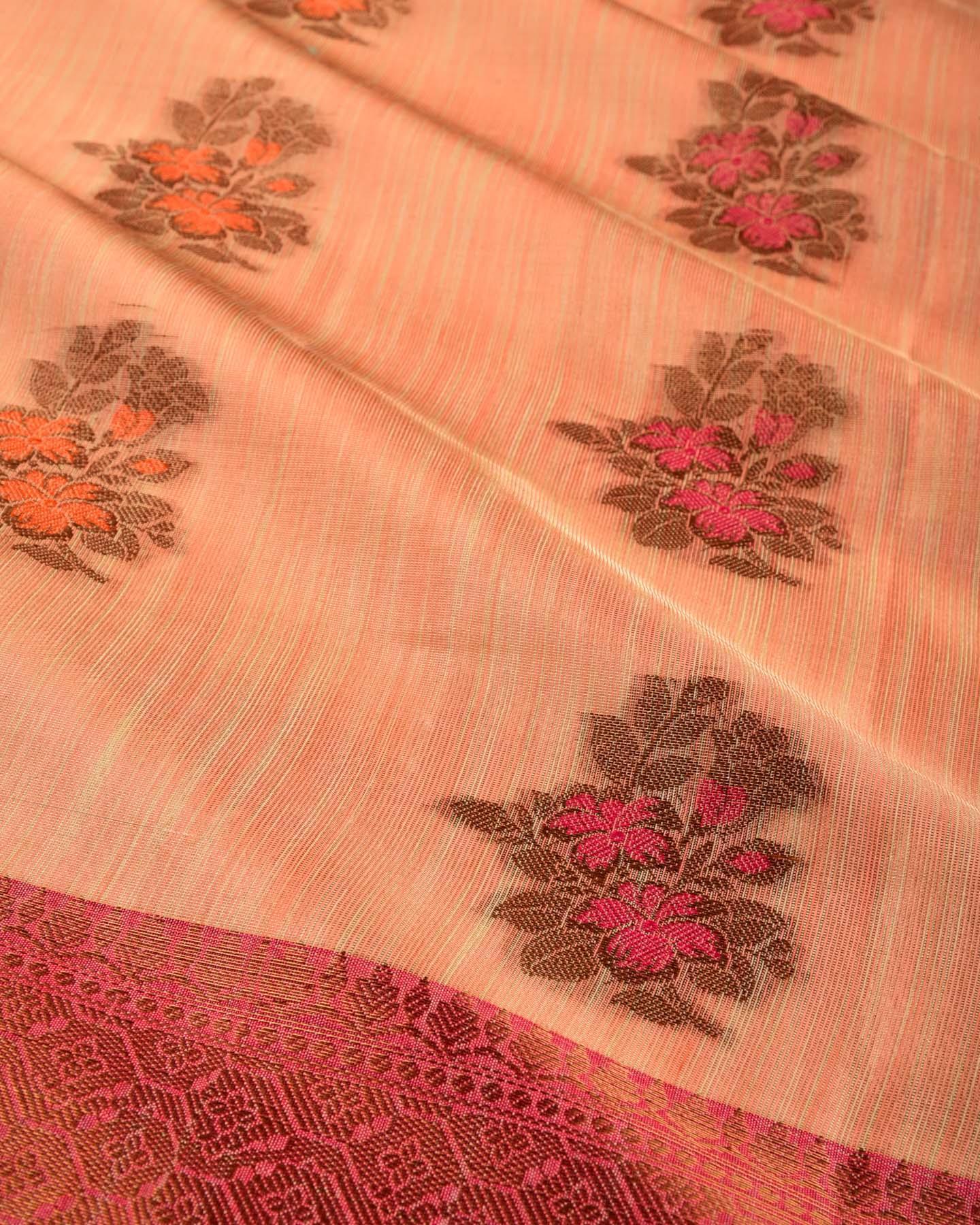 Metallic Peach Banarasi Antique Zari & Resham Meena Buta Cutwork Brocade Woven Cotton Tissue Saree - By HolyWeaves, Benares