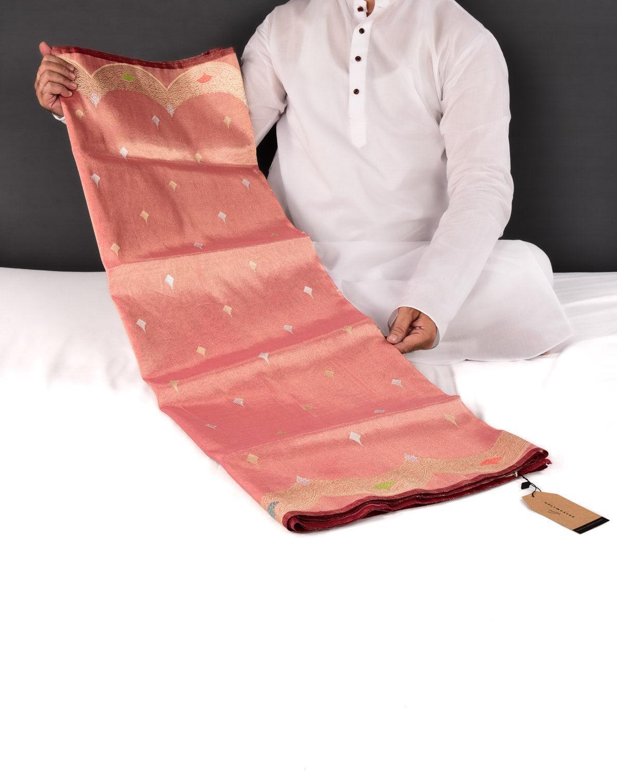 Metallic Peach Banarasi Sona Rupa Buti Kadhuan Brocade Handwoven Katan Tissue Saree with Scallop Border - By HolyWeaves, Benares