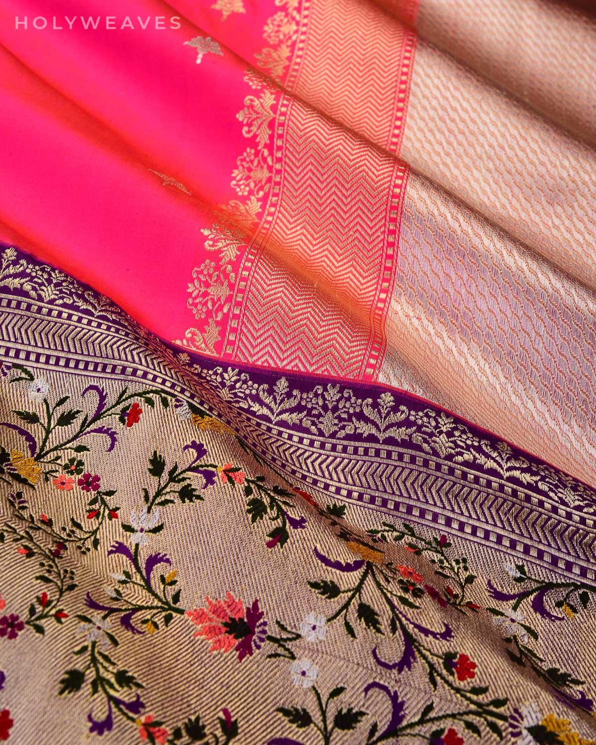 Metallic Peach Half & Half 4-color Meena Bel Kadhuan Brocade Handwoven Katan Silk Saree - By HolyWeaves, Benares