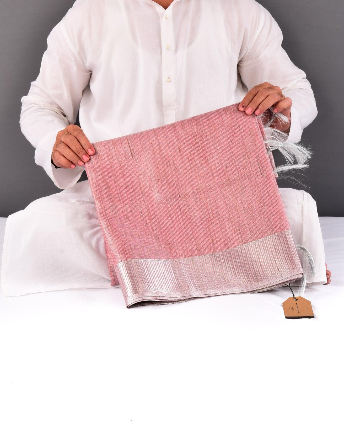 Metallic Pink Banarasi Contemporary Brocade Woven Blended Cotton Tissue Saree with Striped Zari Border - By HolyWeaves, Benares