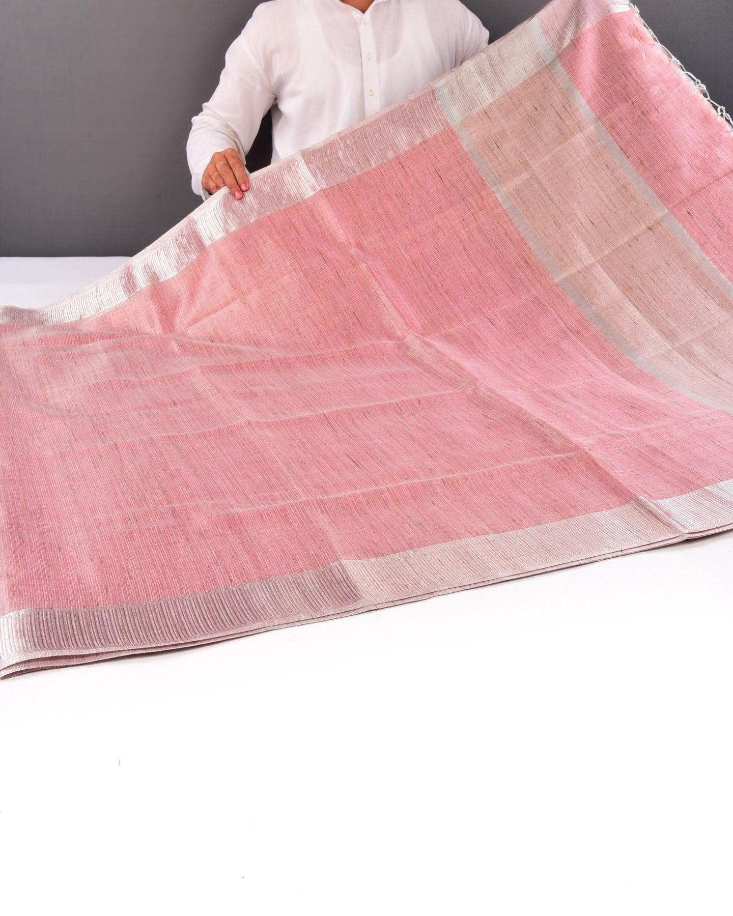 Metallic Pink Banarasi Contemporary Brocade Woven Blended Cotton Tissue Saree with Striped Zari Border - By HolyWeaves, Benares