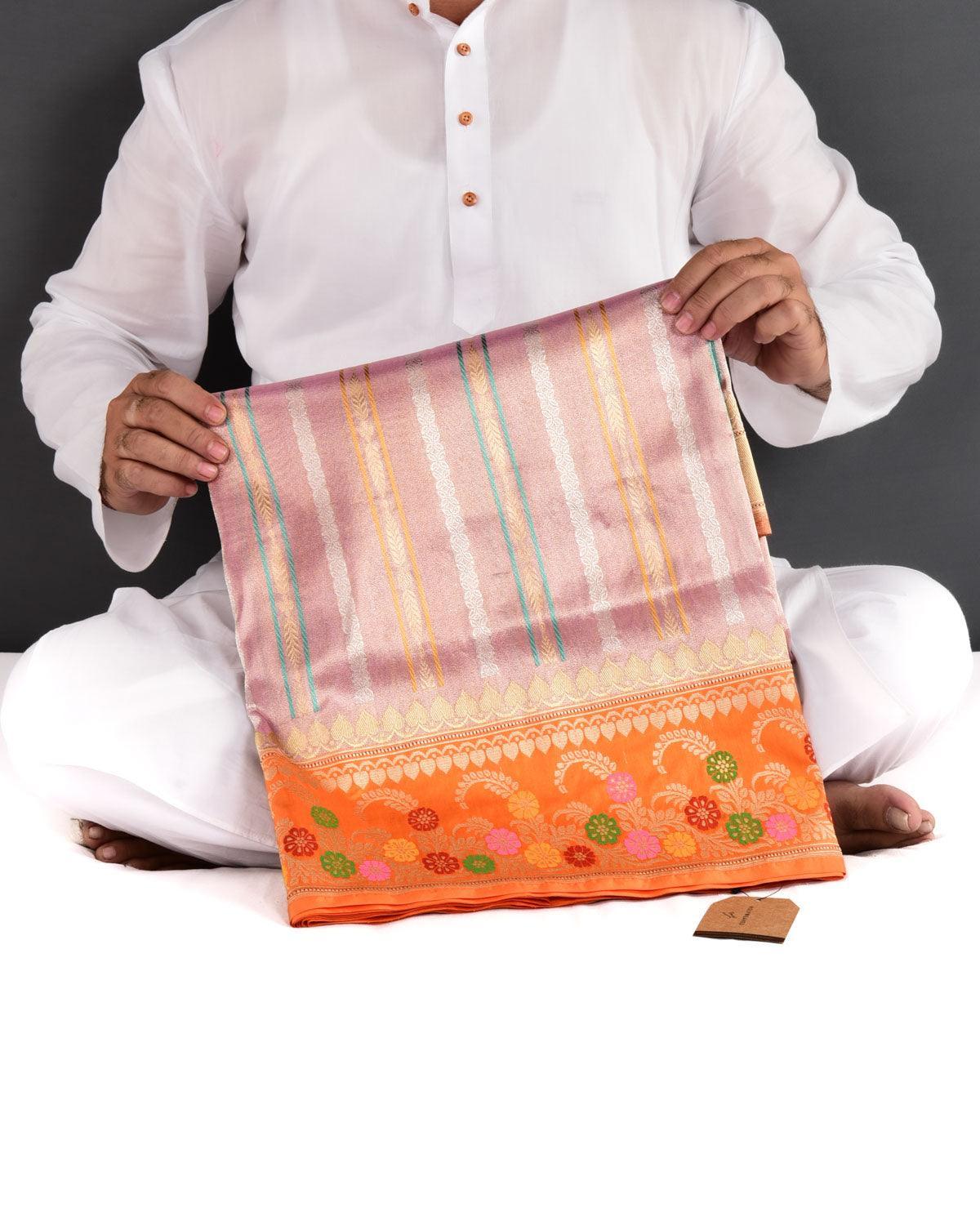 Metallic Pink Banarasi Gold & Silver Zari Ornament Stripes Kadhuan Brocade Handwoven Katan Tissue Saree with Orange Brocade Border Pallu - By HolyWeaves, Benares