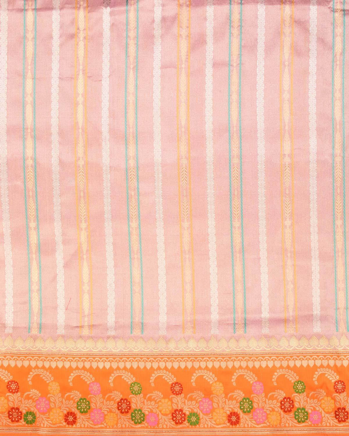 Metallic Pink Banarasi Gold & Silver Zari Ornament Stripes Kadhuan Brocade Handwoven Katan Tissue Saree with Orange Brocade Border Pallu - By HolyWeaves, Benares