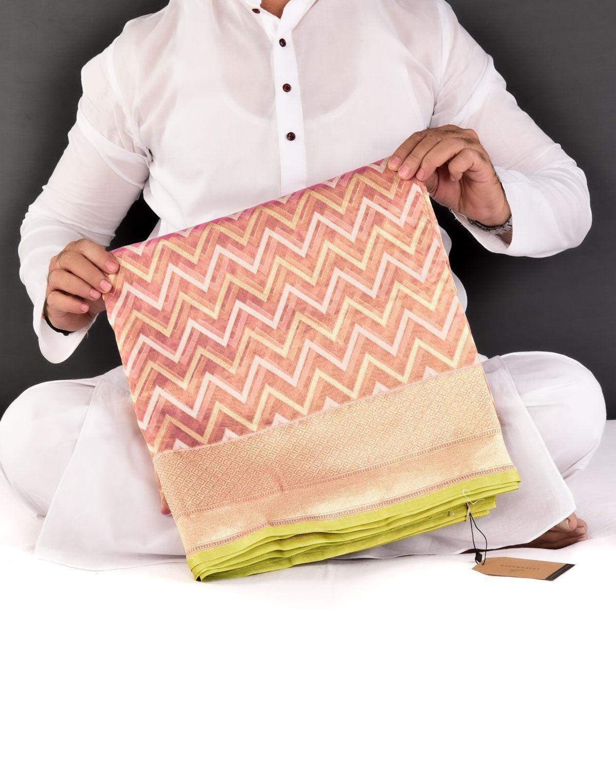Metallic Pink Banarasi Gold Zari & White Resham Chevron Cutwork Brocade Handwoven Kora Tissue Saree - By HolyWeaves, Benares