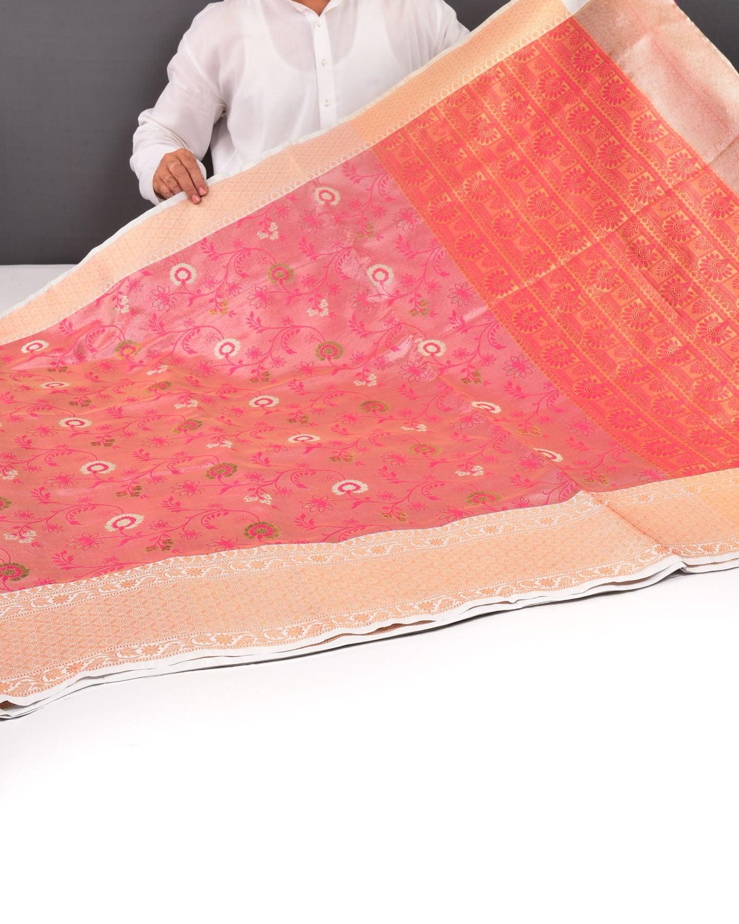 Metallic Pink Banarasi Jaal Tanchoi Brocade Woven Art Silk Tissue Saree - By HolyWeaves, Benares