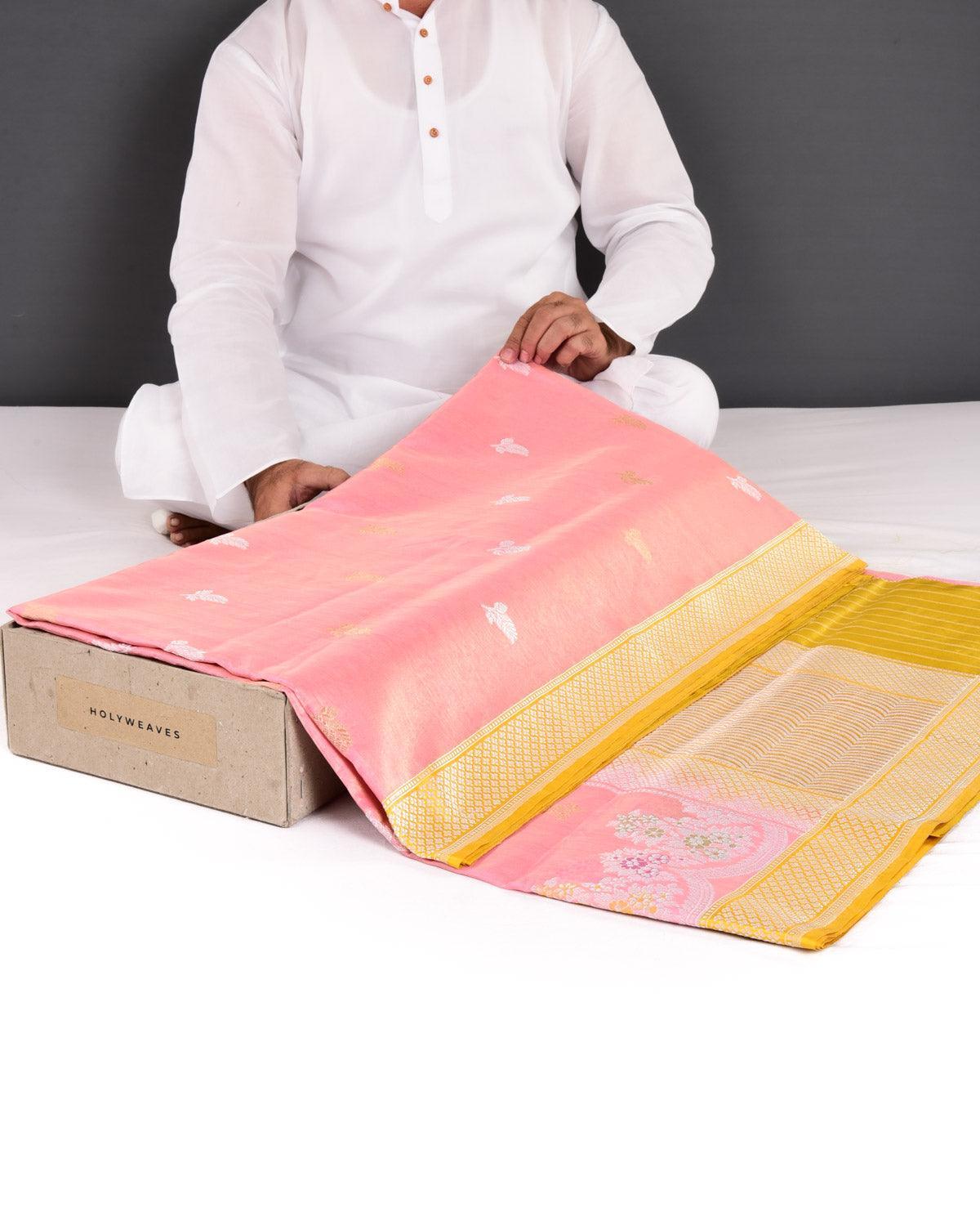 Metallic Pink Banarasi Scallop Meenekari Brocade Gold & Silver Zari Buti Kadhuan Brocade Handwoven Kora Tissue Saree - By HolyWeaves, Benares