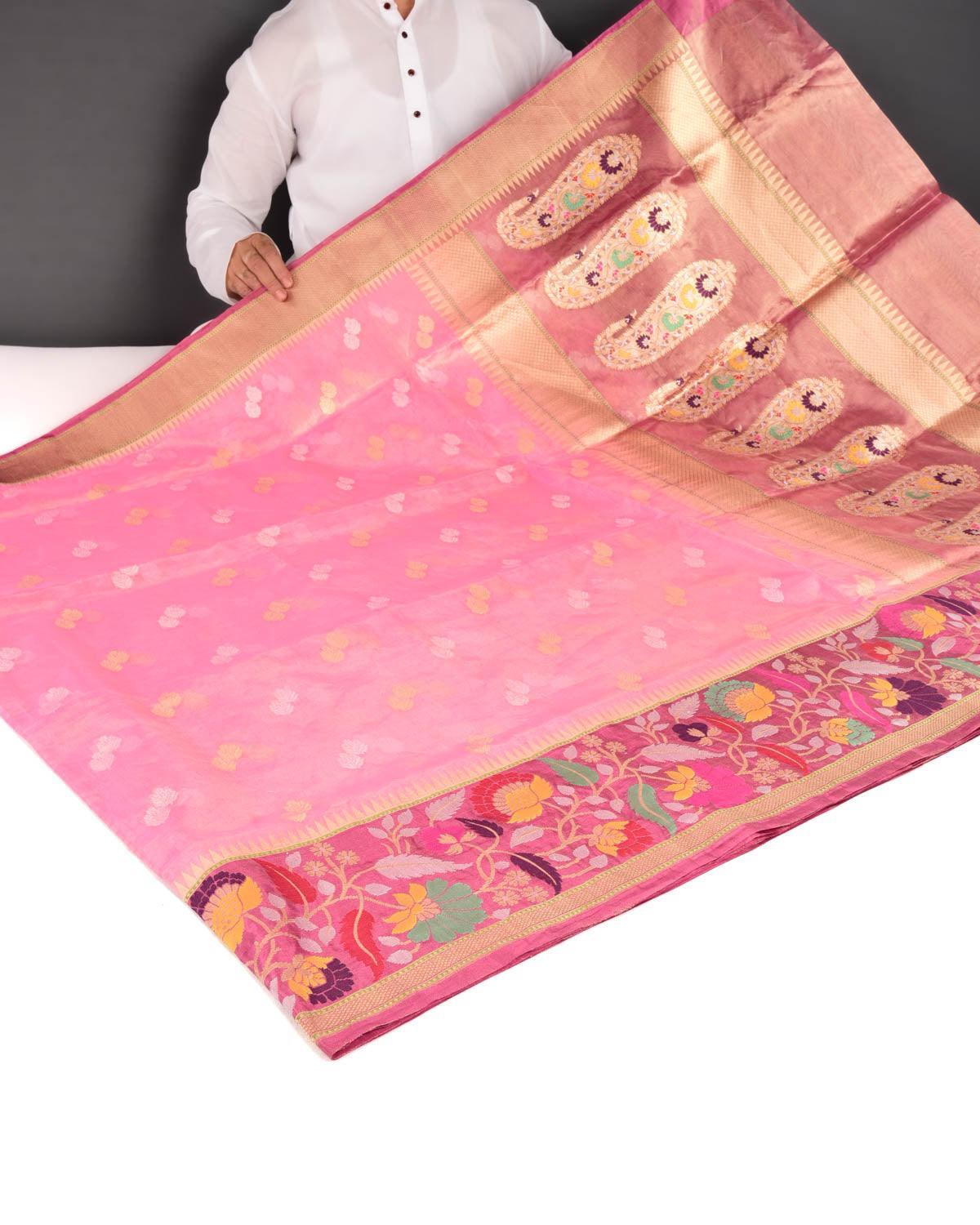 Metallic Pink Banarasi Sona Rupa Buti Kadhuan Brocade Handwoven Kora Tissue Saree with Chauhara Meenekari Brocade Border Pallu - By HolyWeaves, Benares