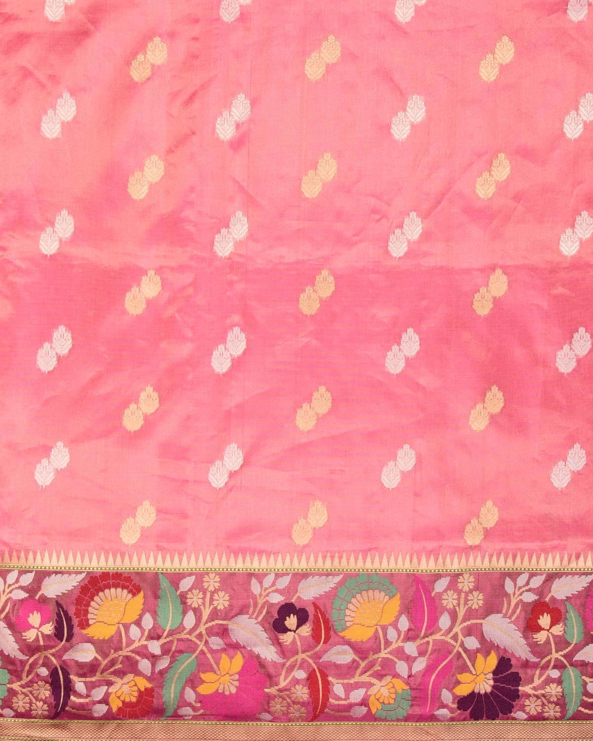 Metallic Pink Banarasi Sona Rupa Buti Kadhuan Brocade Handwoven Kora Tissue Saree with Chauhara Meenekari Brocade Border Pallu - By HolyWeaves, Benares