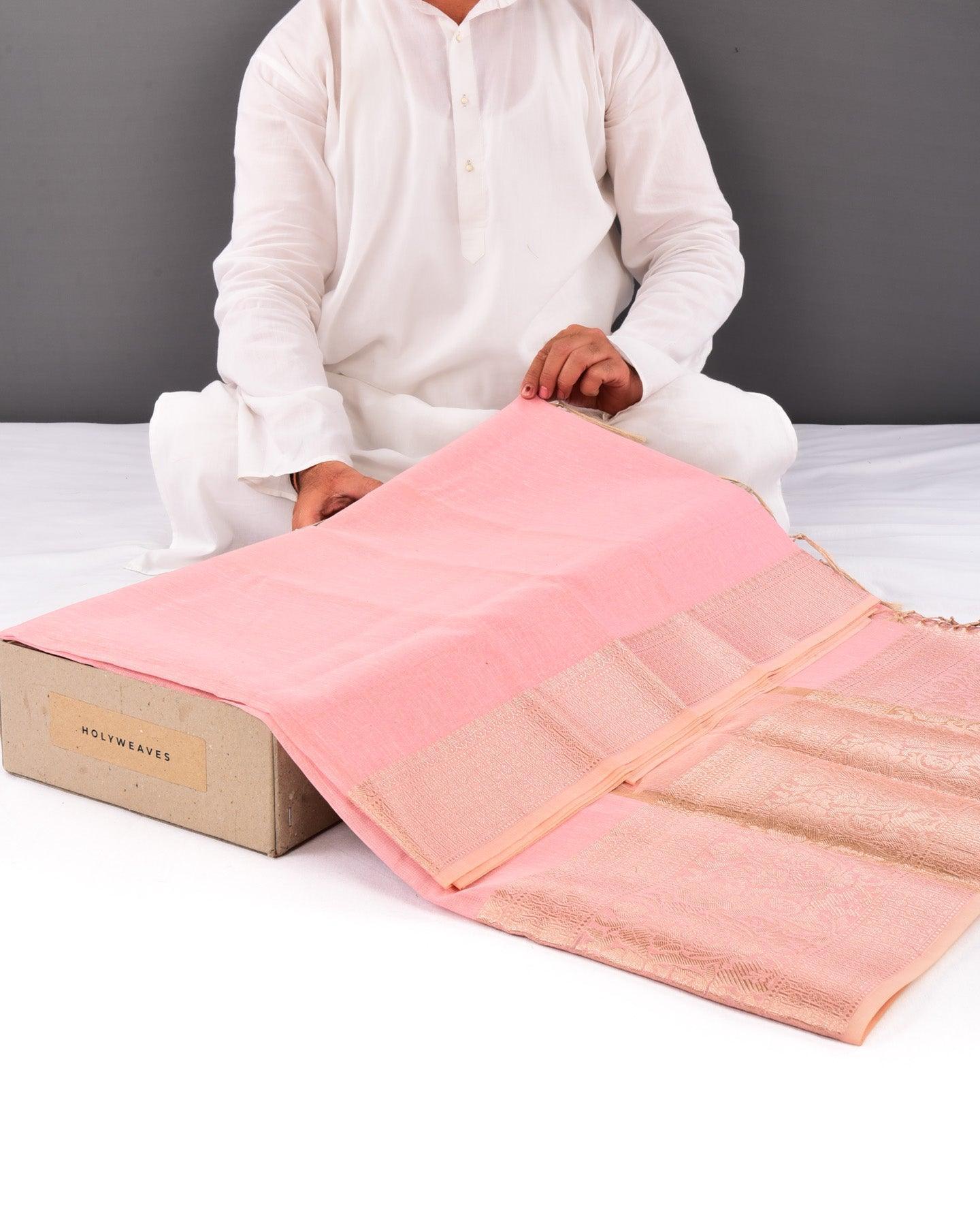 Metallic Pink Banarasi Zari Pin Stripes Brocade Woven Art Cotton Tissue Saree with Zari Border - By HolyWeaves, Benares