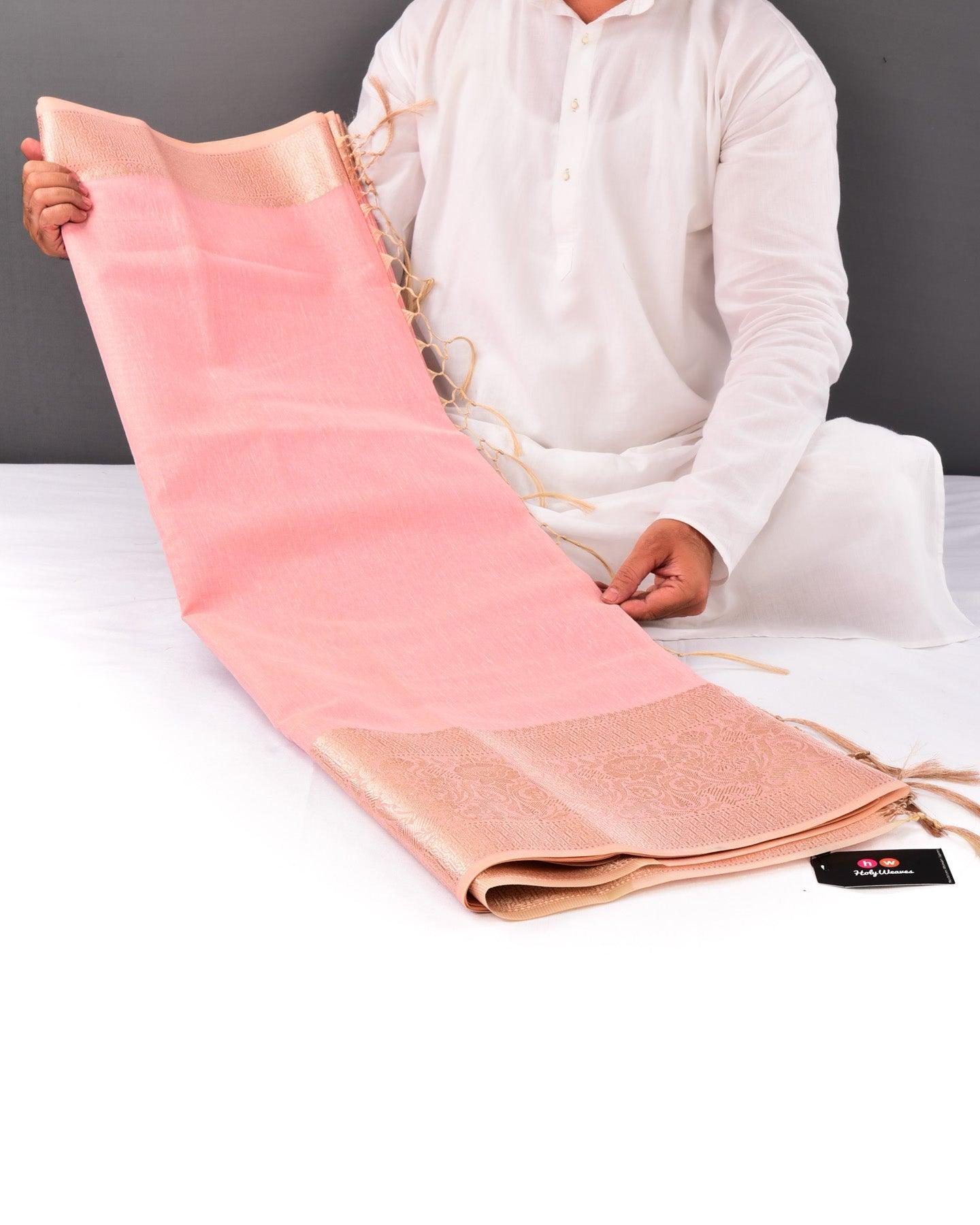 Metallic Pink Banarasi Zari Pin Stripes Brocade Woven Art Cotton Tissue Saree with Zari Border - By HolyWeaves, Benares