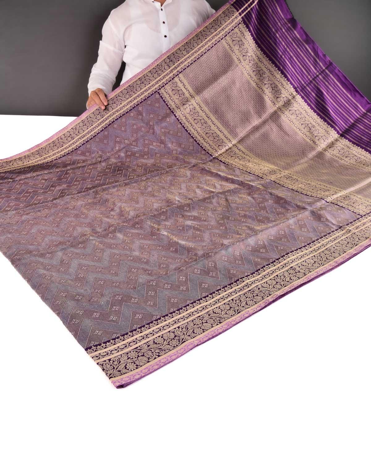 Metallic Purple Banarasi Gold & Silver Zari Chevron Brocade Handwoven Katan Silk Saree - By HolyWeaves, Benares
