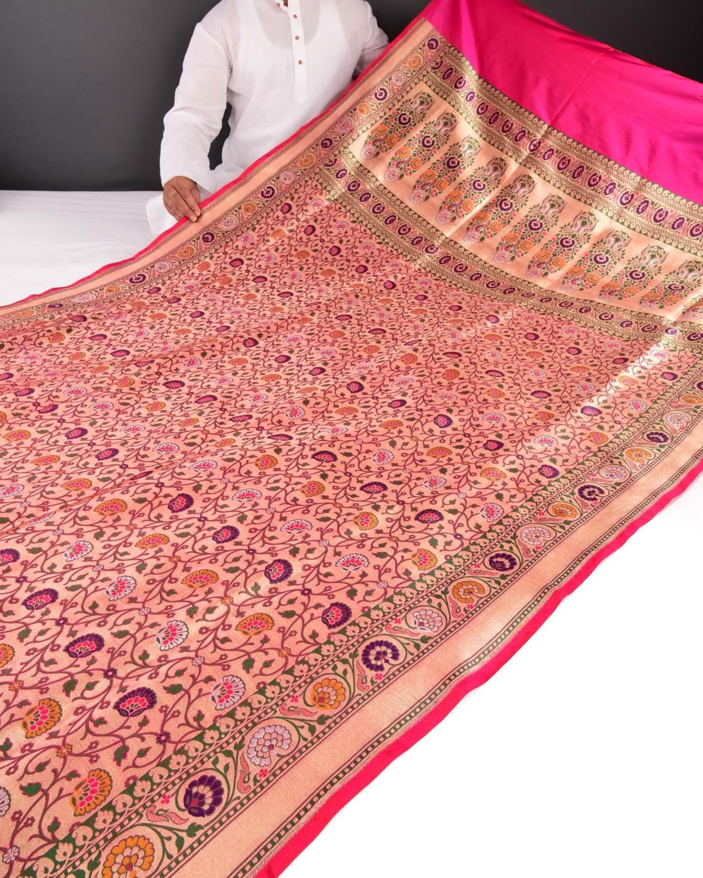 Metallic Rani Pink Banarasi Floral Jaal Sona Zari Brocade Handwoven Katan Silk Saree - By HolyWeaves, Benares