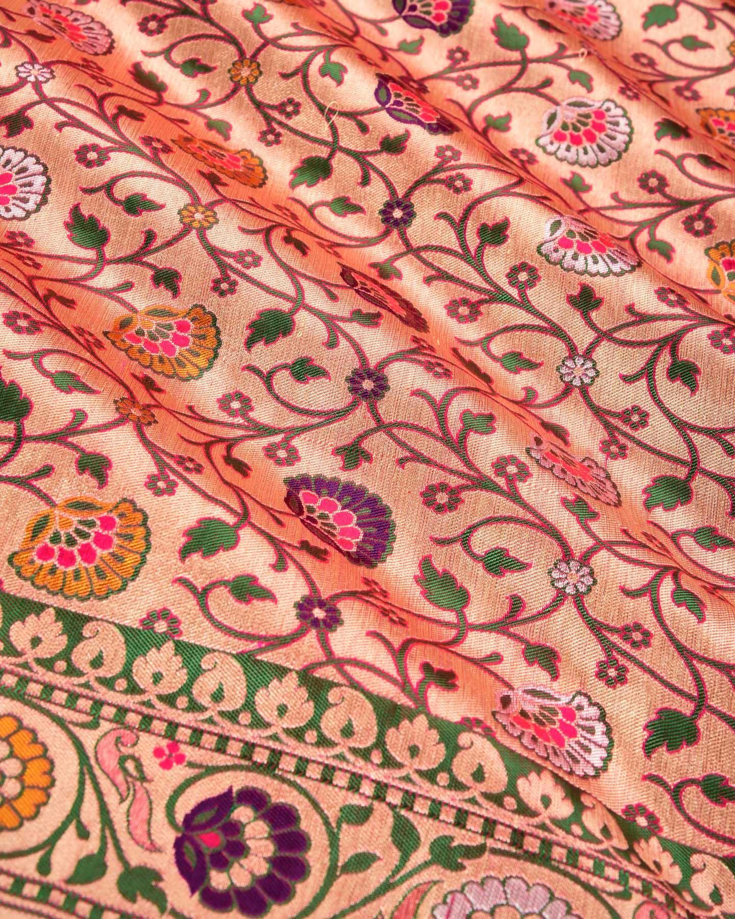 Metallic Rani Pink Banarasi Floral Jaal Sona Zari Brocade Handwoven Katan Silk Saree - By HolyWeaves, Benares