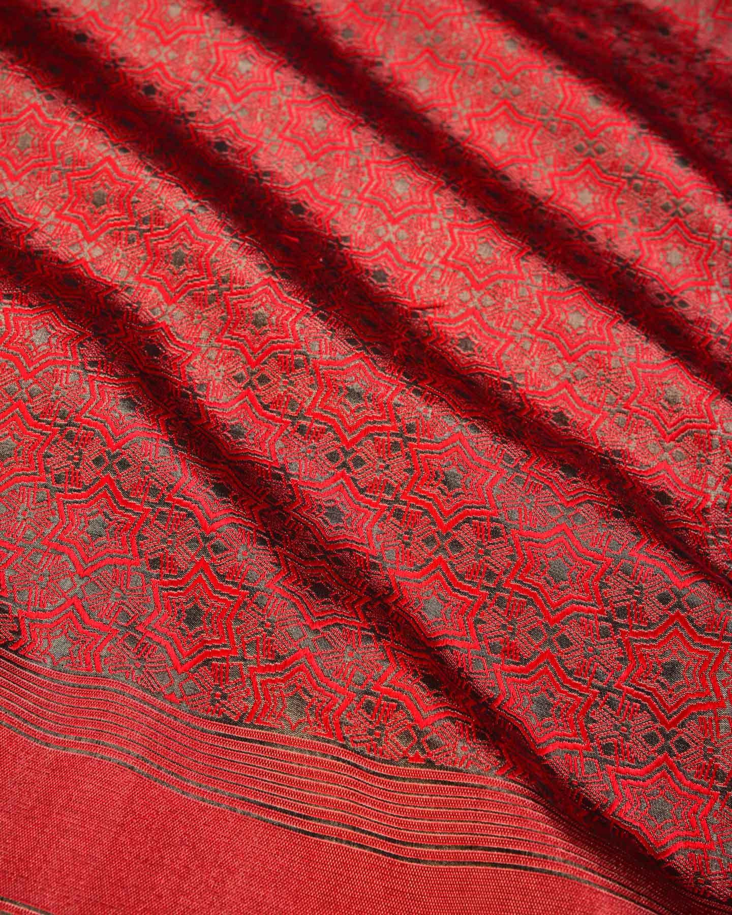 Metallic Red Banarasi Kaleidoscopic Stars Antique Zari Brocade Handwoven Katan Tissue Saree - By HolyWeaves, Benares