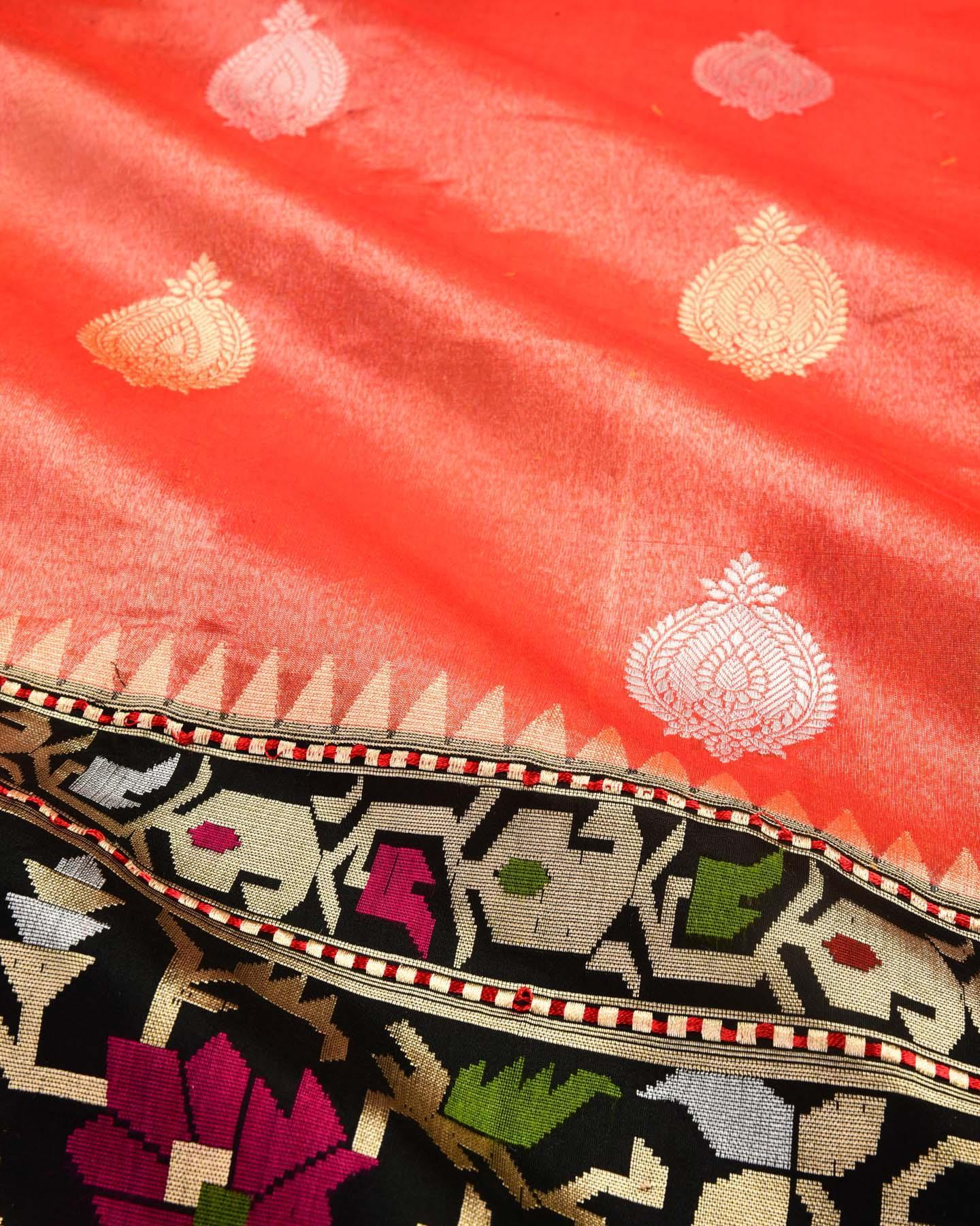 Metallic Red Banarasi Sona-Rupa Buti Kadhuan Brocade Handwoven Katan Tissue Saree with Black Tehra-Meena Brocade Borders - By HolyWeaves, Benares