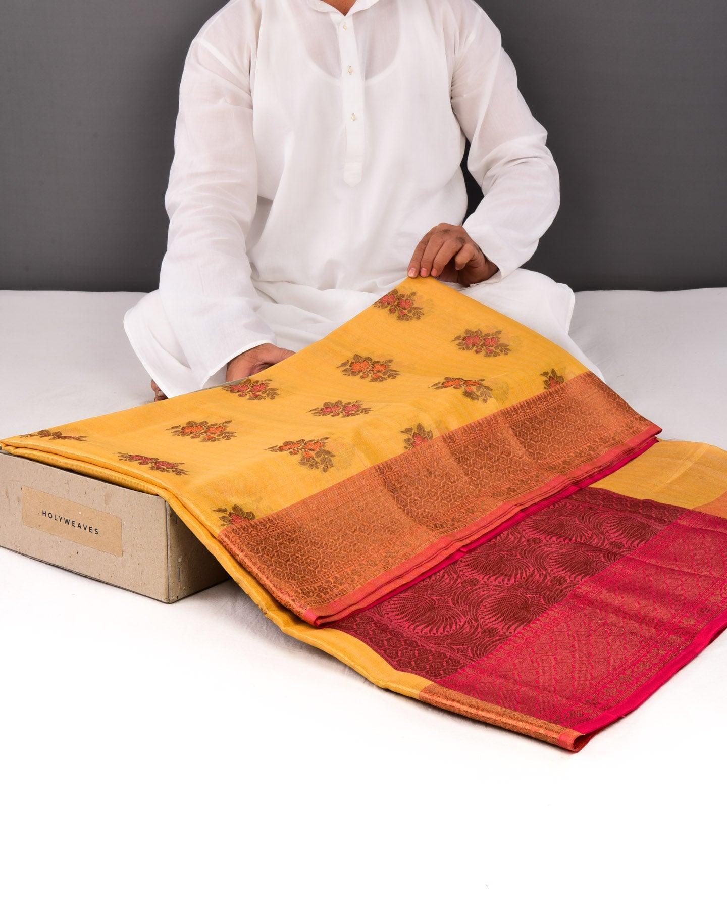 Metallic Yellow Banarasi Antique Zari & Resham Meena Buta Cutwork Brocade Woven Cotton Tissue Saree - By HolyWeaves, Benares