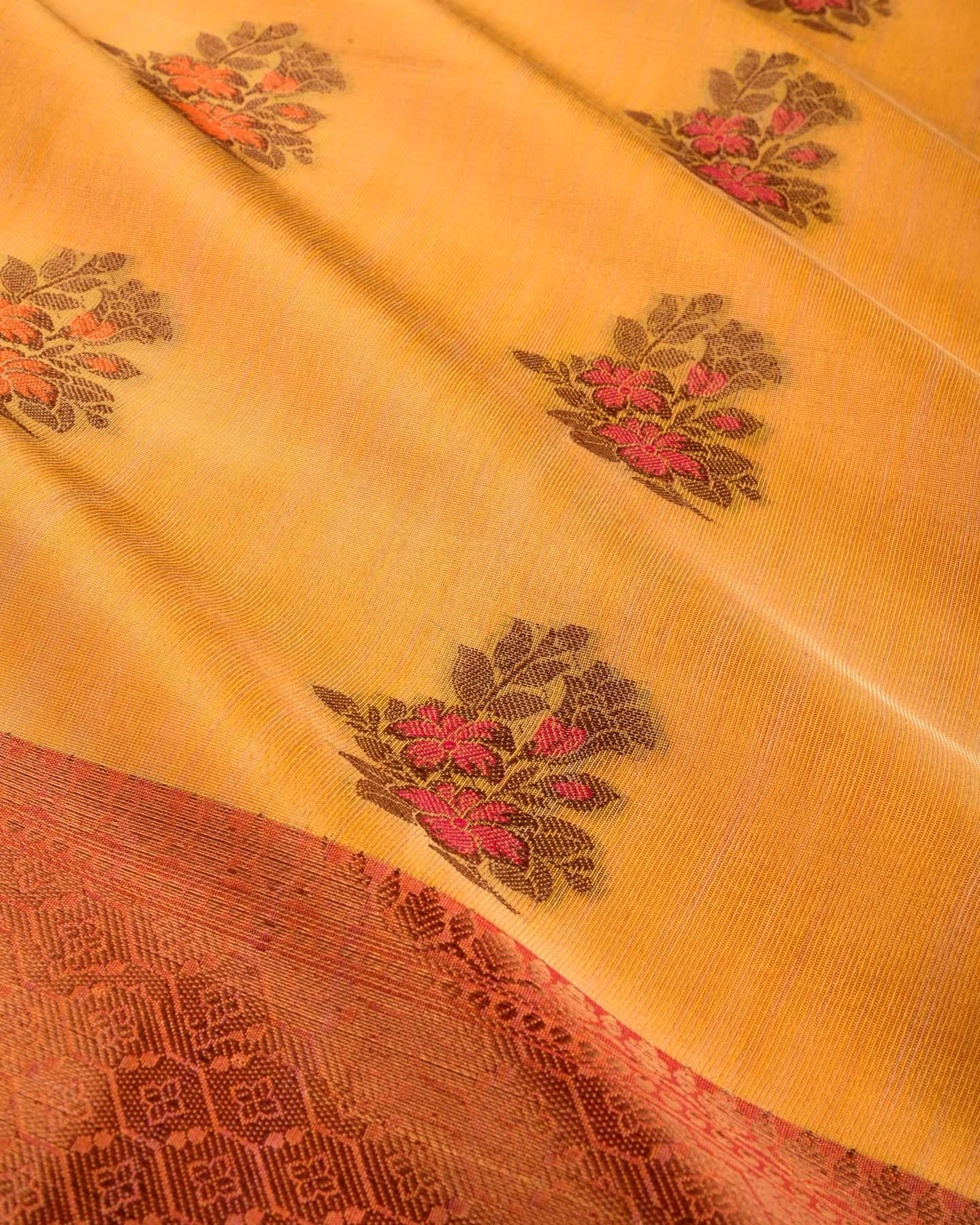 Metallic Yellow Banarasi Antique Zari & Resham Meena Buta Cutwork Brocade Woven Cotton Tissue Saree - By HolyWeaves, Benares