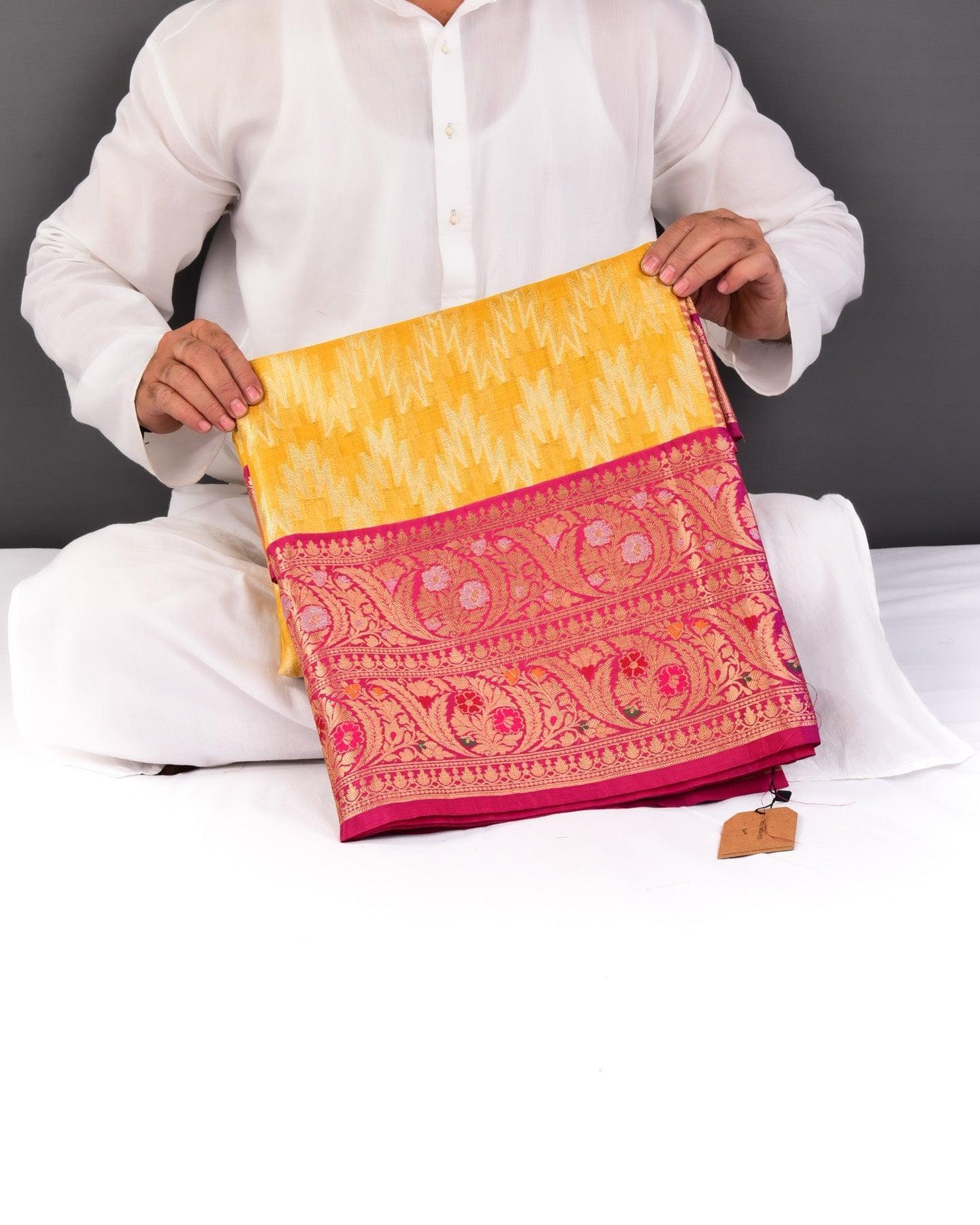 Metallic Yellow Banarasi Geometric Alfi Sona Rupa Cutwork Brocade Woven Cotton Silk Saree - By HolyWeaves, Benares