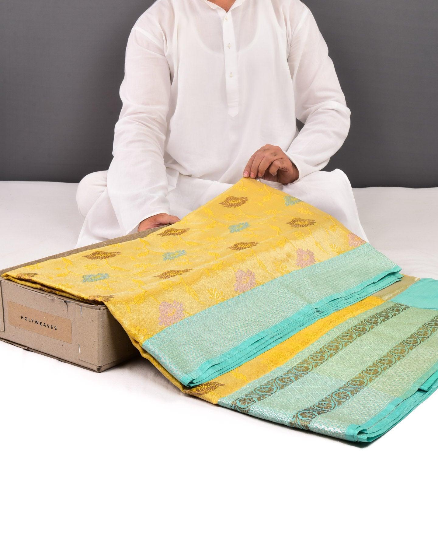 Metallic Yellow Banarasi Jaal Tanchoi Brocade Woven Art Silk Tissue Saree - By HolyWeaves, Benares