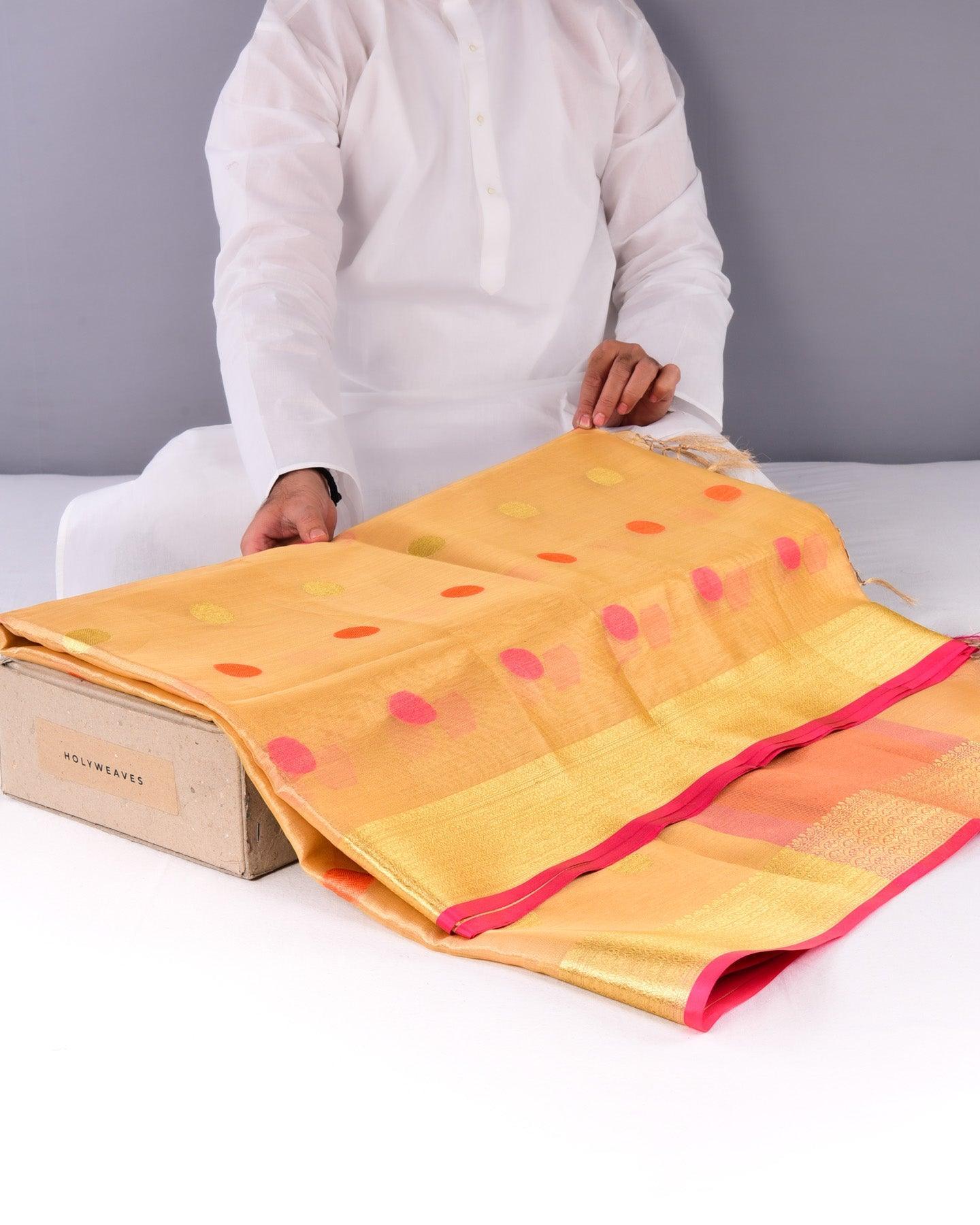 Metallic Yellow Banarasi Polka Buti Cutwork Brocade Woven Art Cotton Tissue Saree - By HolyWeaves, Benares