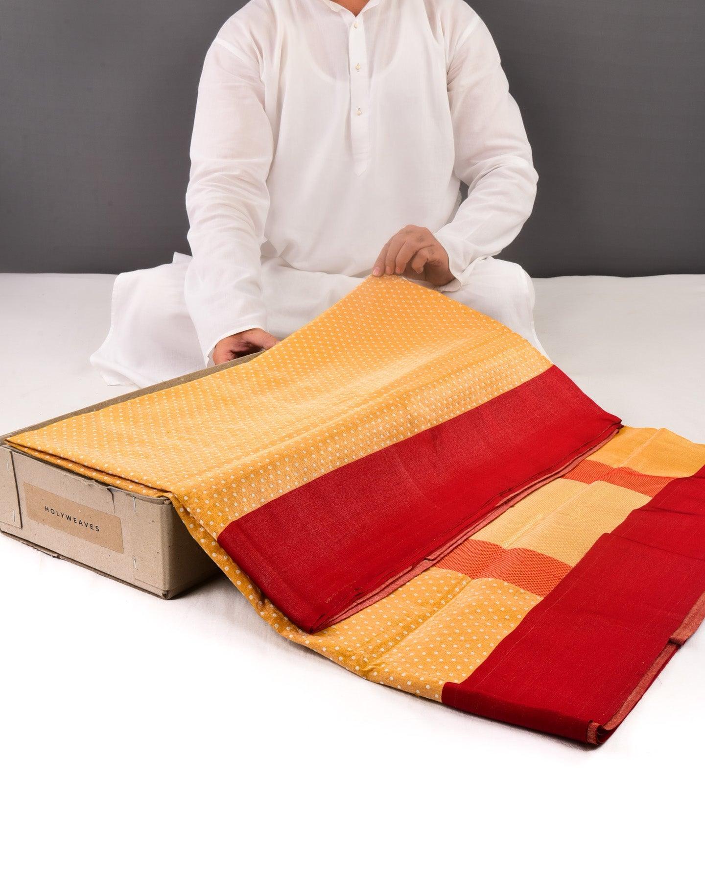 Metallic Yellow Banarasi Silver Polka Buti Kadhuan Brocade Handwoven Katan Tissue Saree with Satin Red Borders - By HolyWeaves, Benares