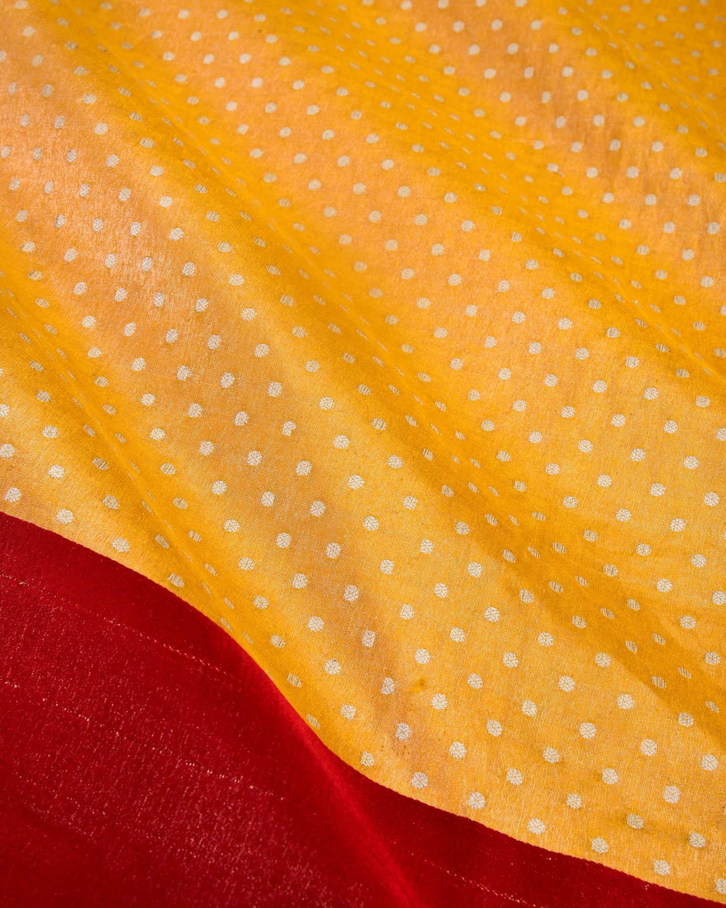 Metallic Yellow Banarasi Silver Polka Buti Kadhuan Brocade Handwoven Katan Tissue Saree with Satin Red Borders - By HolyWeaves, Benares