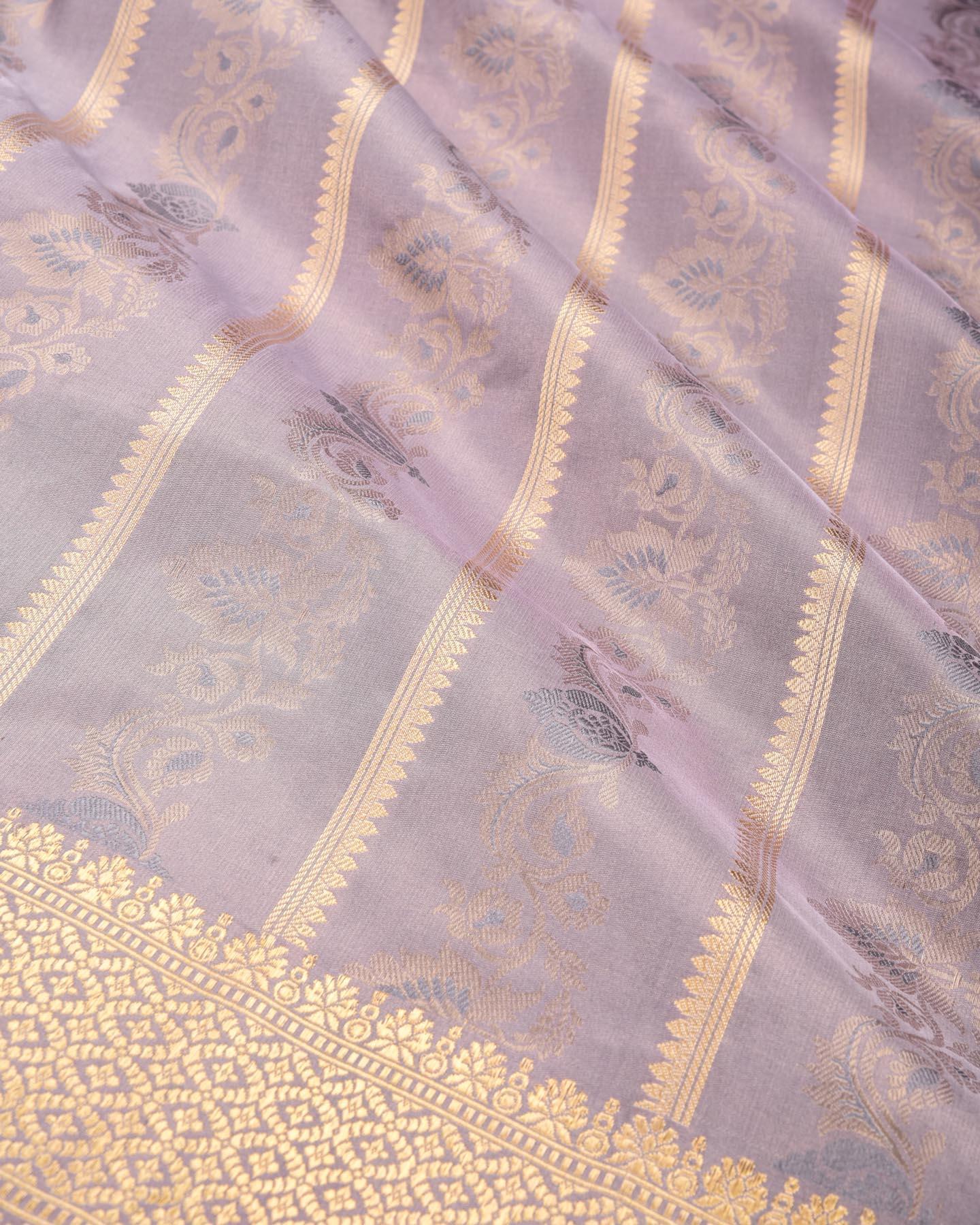Metalllic Golden Gray Banarasi Tehri Zari & Resham Bel Kadhuan Brocade Handwoven Katan Tissue Saree - By HolyWeaves, Benares