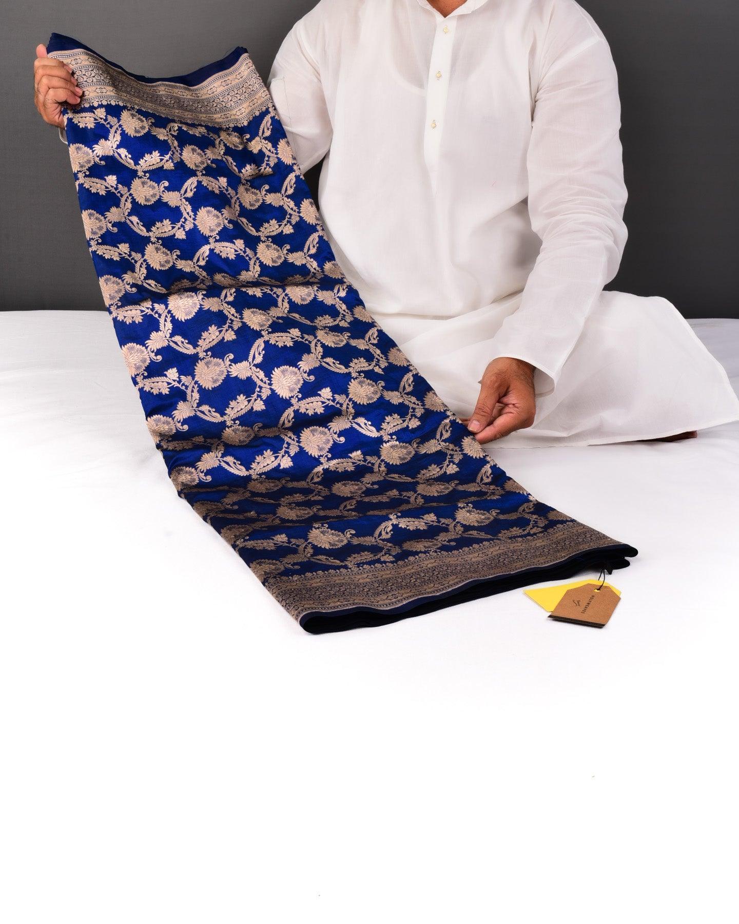Midnight Blue Banarasi Gold Zari Jaal Cutwork Brocade Handwoven Katan Silk Saree - By HolyWeaves, Benares
