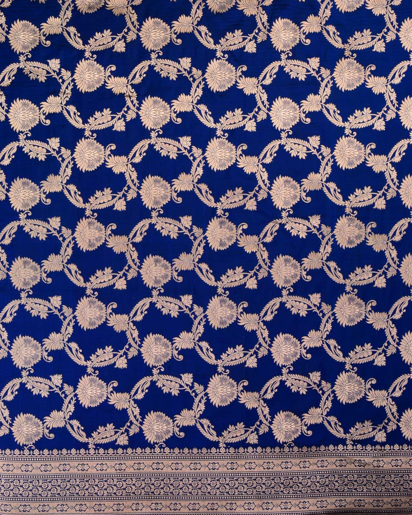 Midnight Blue Banarasi Gold Zari Jaal Cutwork Brocade Handwoven Katan Silk Saree - By HolyWeaves, Benares