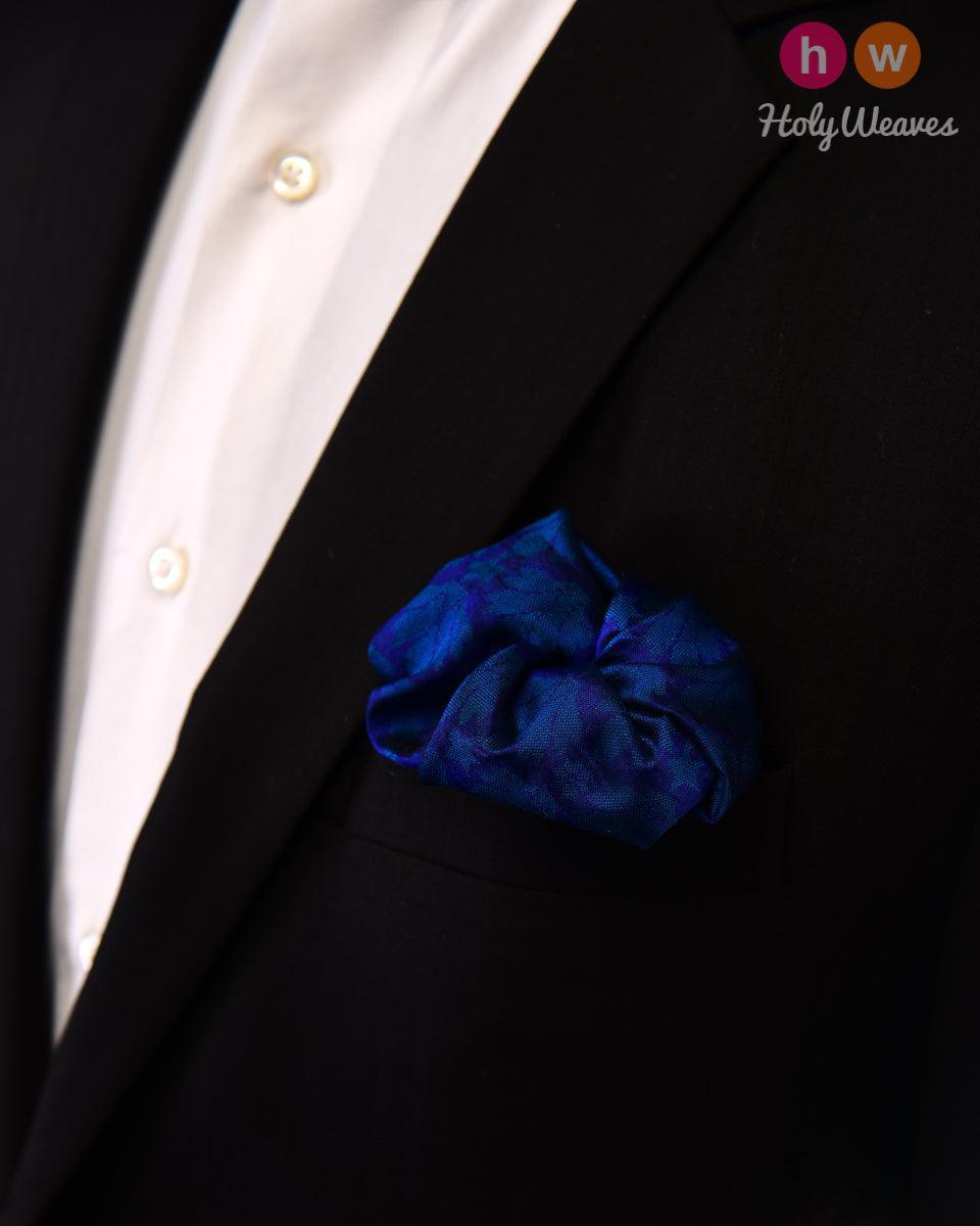 Midnight Blue Tanchoi Handwoven Pure Silk Pocket Square For Men - By HolyWeaves, Benares