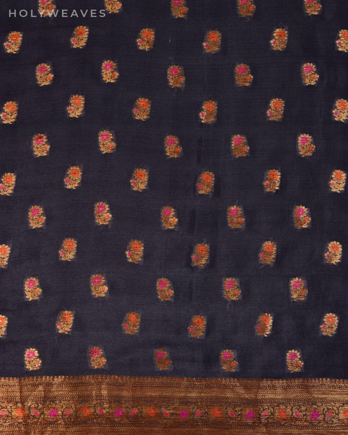 Midnight Gray Banarasi Antique Zari Meenedar Cutwork Brocade Woven Khaddi Georgette Saree - By HolyWeaves, Benares