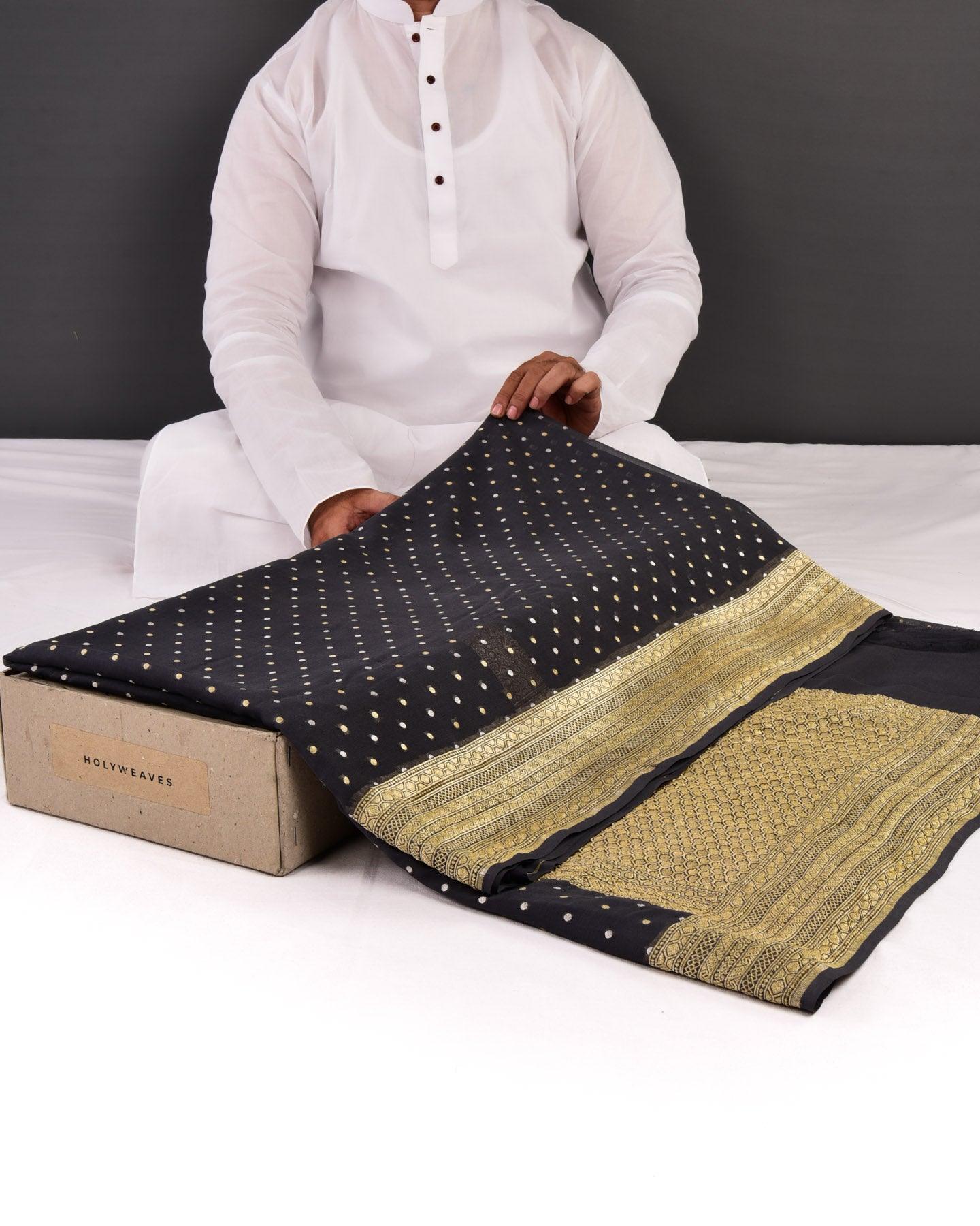 Midnight Gray Banarasi Gold & Silver Zari Polka Dots Cutwork Brocade Handwoven Khaddi Georgette Saree - By HolyWeaves, Benares