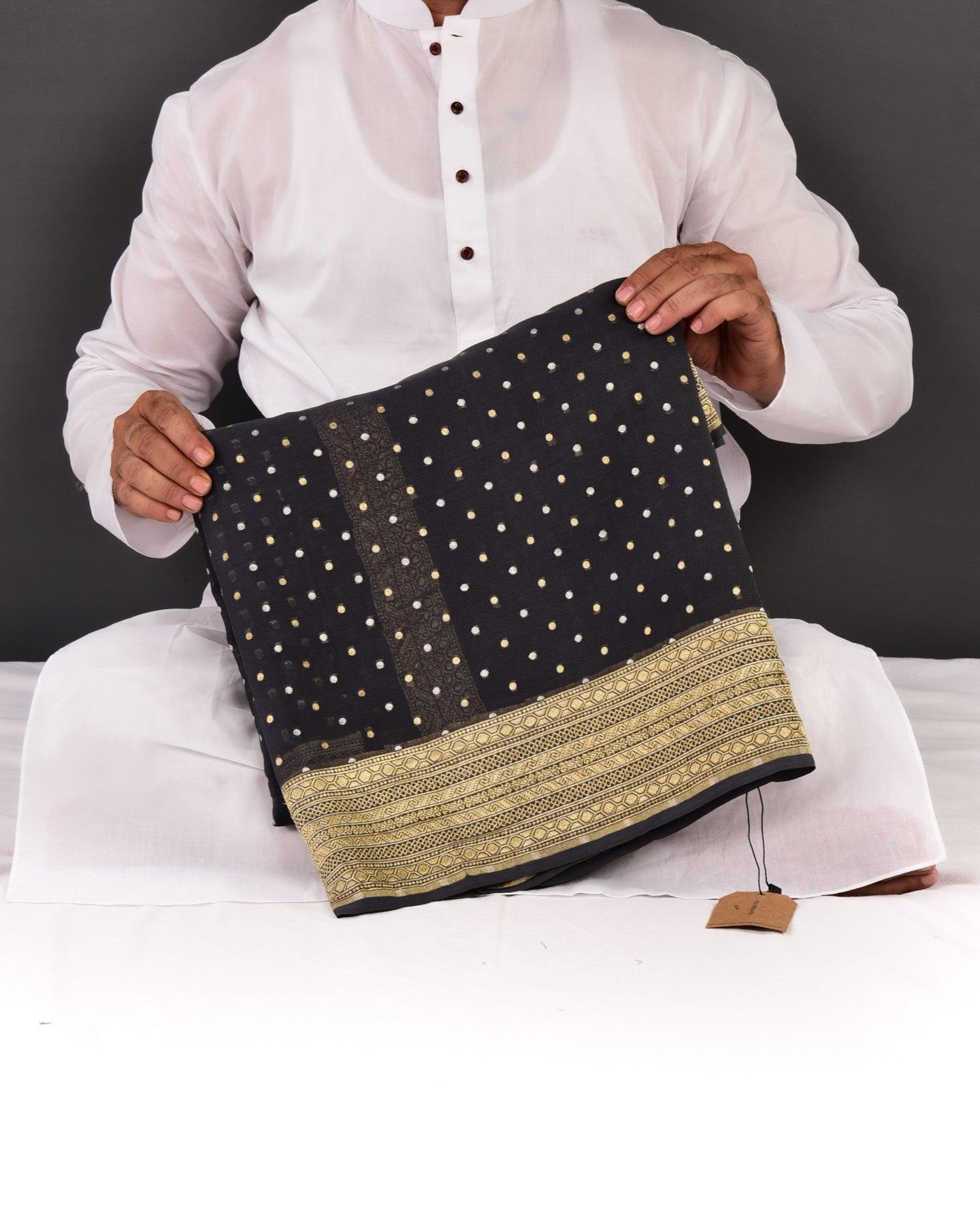 Midnight Gray Banarasi Gold & Silver Zari Polka Dots Cutwork Brocade Handwoven Khaddi Georgette Saree - By HolyWeaves, Benares