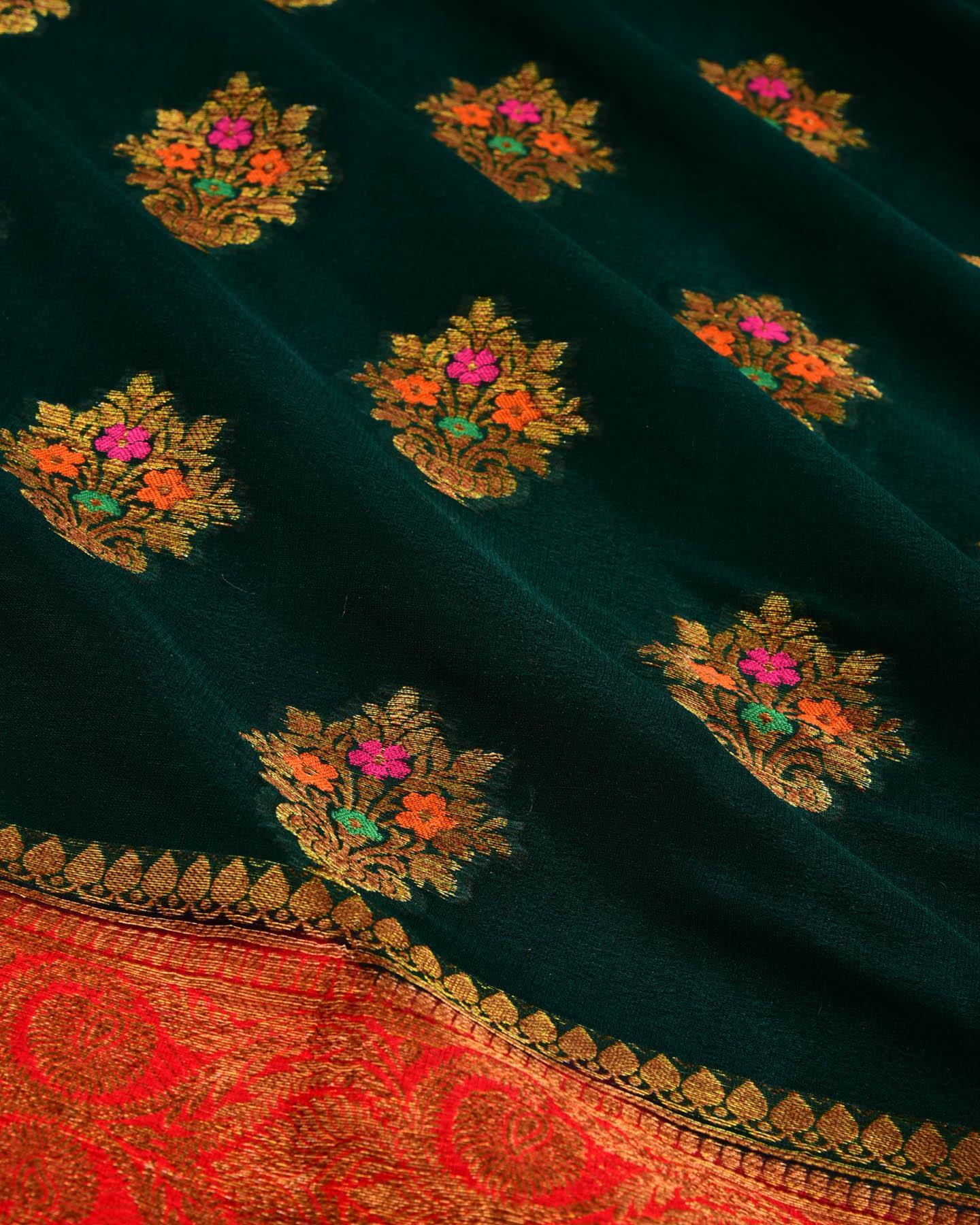 Midnight Green Banarasi 4-color Buta Cutwork Brocade Woven Khaddi Georgette Saree - By HolyWeaves, Benares