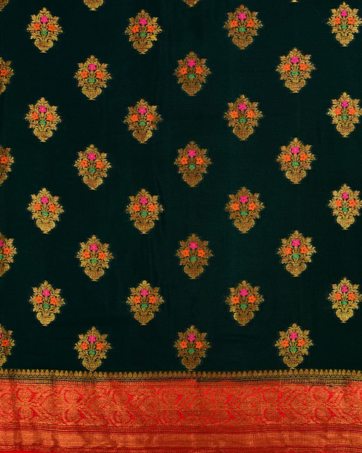 Midnight Green Banarasi 4-color Buta Cutwork Brocade Woven Khaddi Georgette Saree - By HolyWeaves, Benares