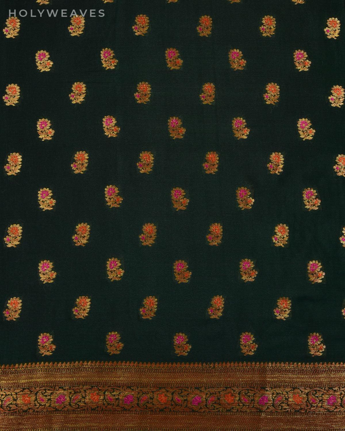 Midnight Green Banarasi Antique Zari Meenedar Cutwork Brocade Woven Khaddi Georgette Saree - By HolyWeaves, Benares