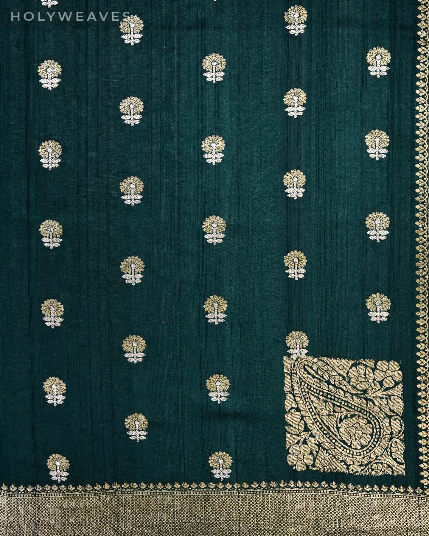 Midnight Green Banarasi Buti Alfi Sona Rupa Kadhuan Brocade Handwoven Tasar Silk Saree - By HolyWeaves, Benares
