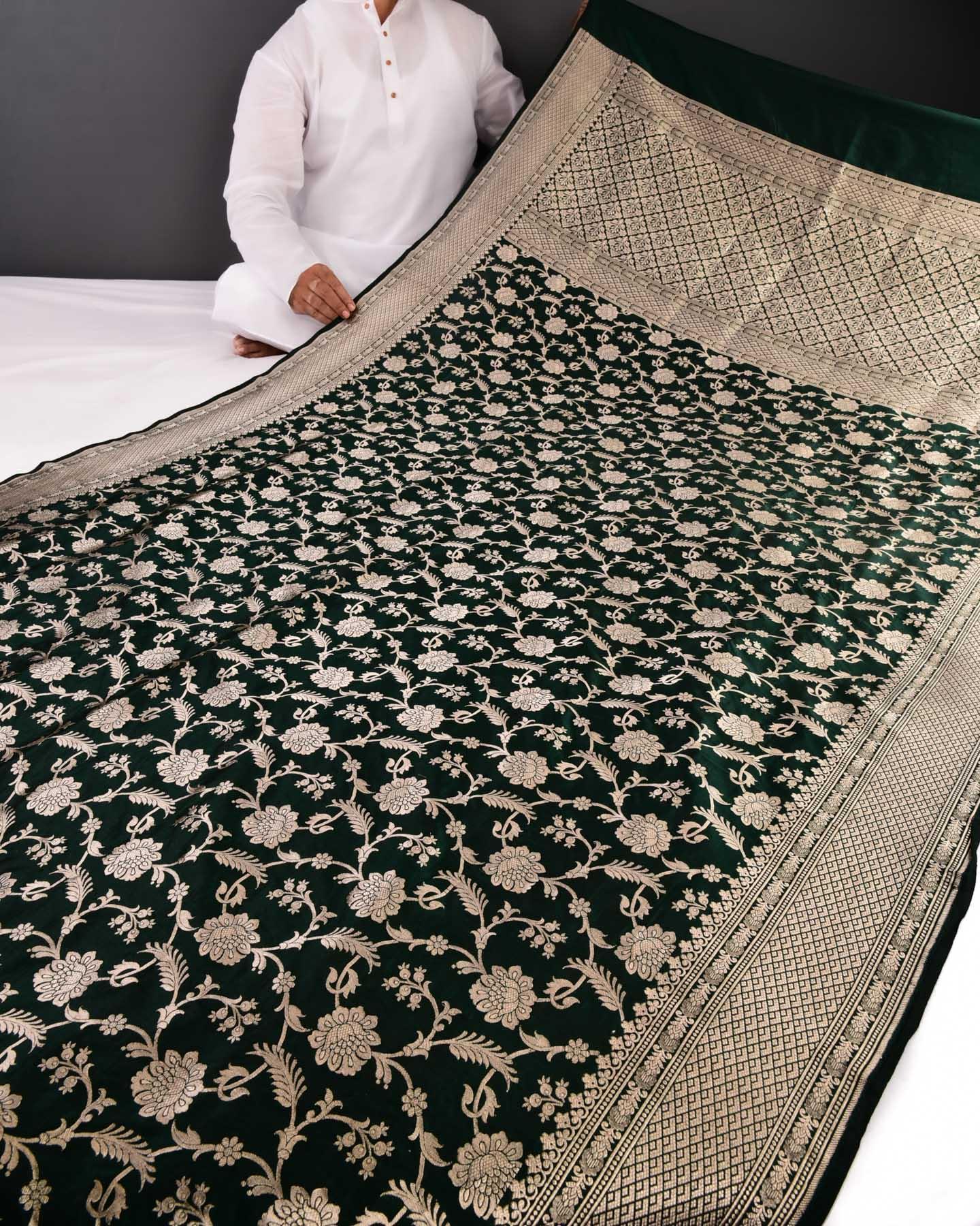Midnight Green Banarasi Gold and Silver Floral Jaal Cutwork Brocade Handwoven Katan Silk Saree - By HolyWeaves, Benares