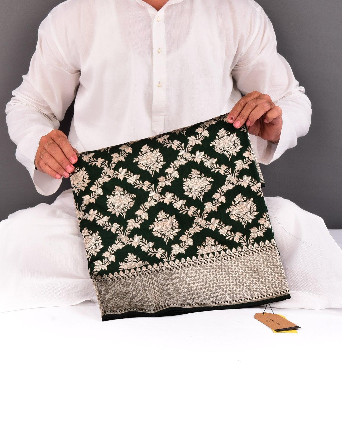 Midnight Green Banarasi Jangla Gold Zari Cutwork Brocade Handwoven Katan Silk Saree - By HolyWeaves, Benares