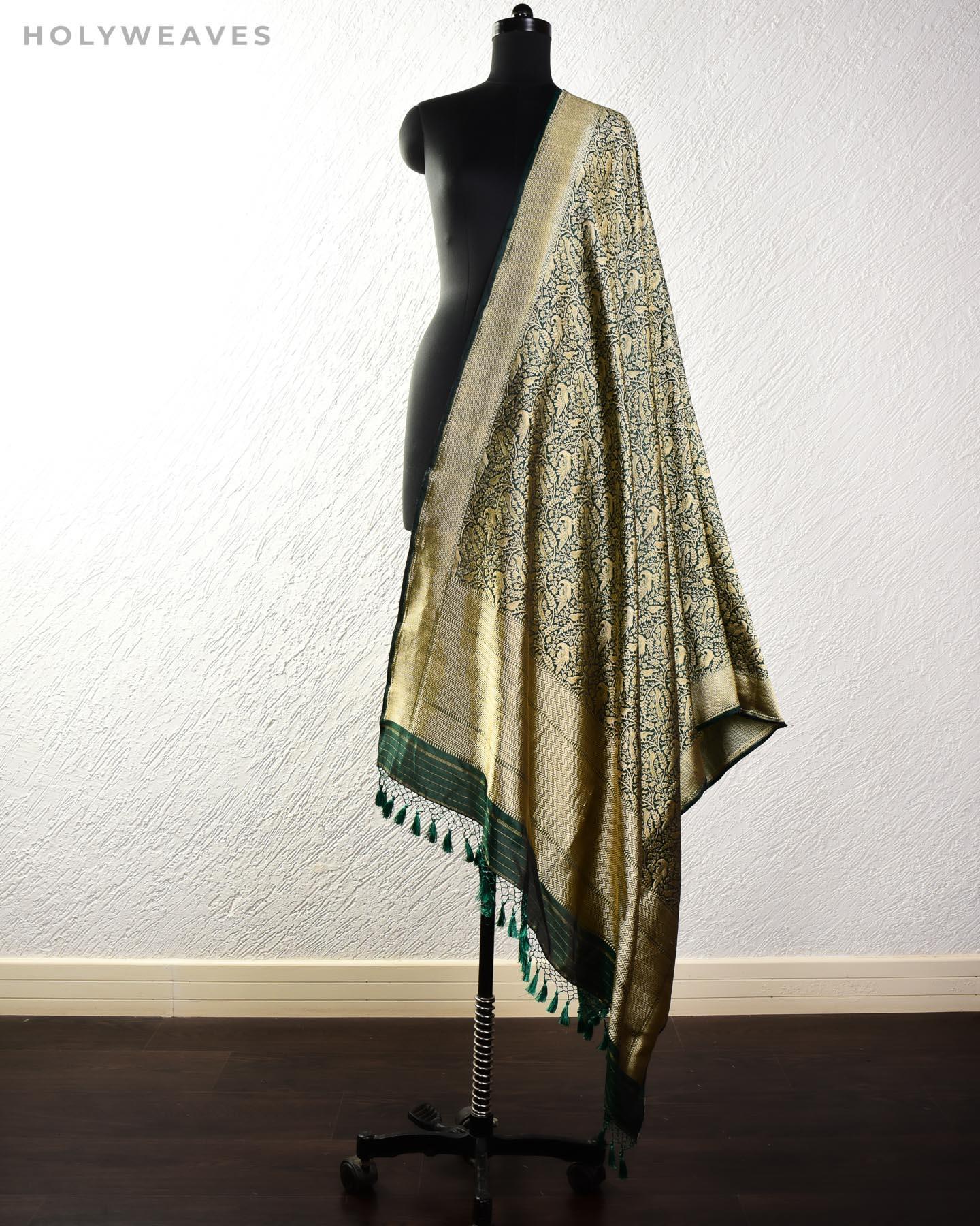 Midnight Green Banarasi Shikargah Brocade Handwoven Katan Silk Dupatta - By HolyWeaves, Benares