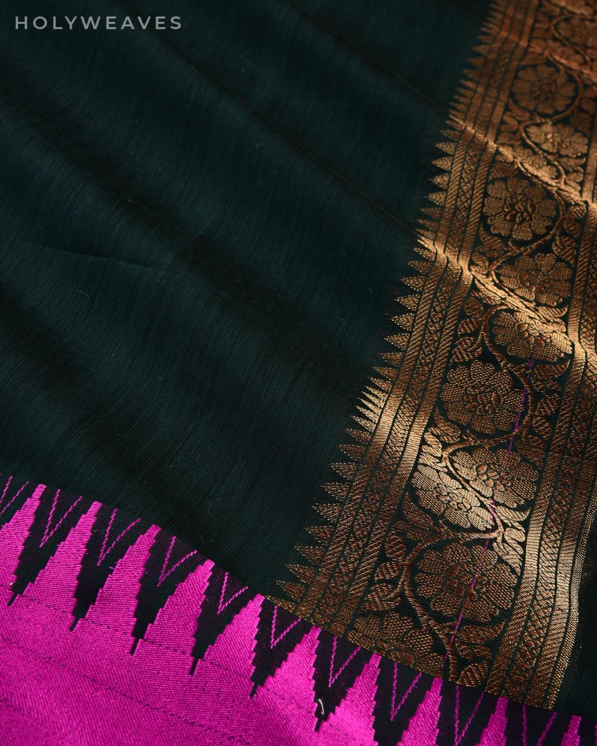 Midnight Green Banarasi Temple Border Cutwork Brocade Woven Cotton Silk Saree - By HolyWeaves, Benares