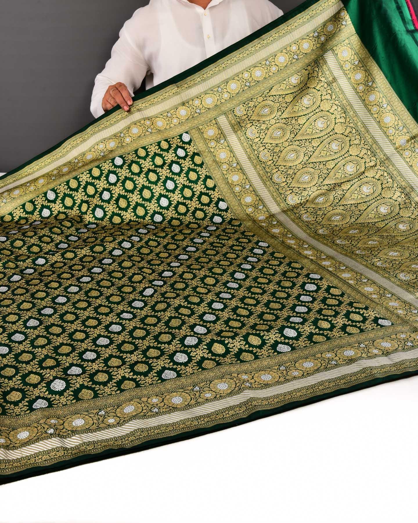 Midnight Green Banarasi Traditional Jangla Buti Alfi Sona Rupa Kadhuan Brocade Handwoven Katan Silk Saree - By HolyWeaves, Benares