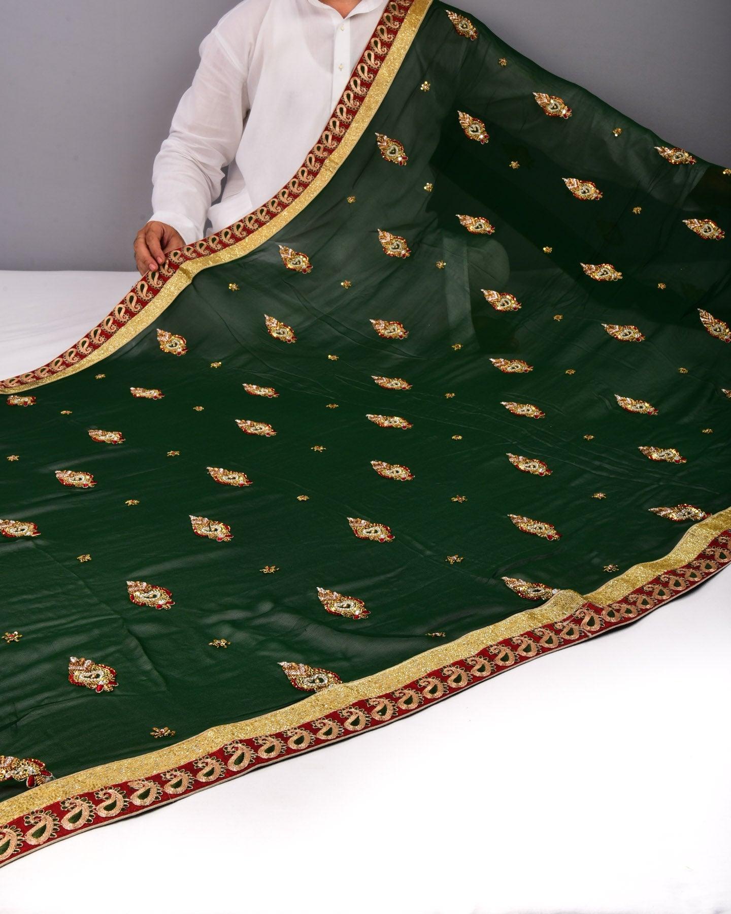 Midnight Green Hand-embroidered Georgette Saree - By HolyWeaves, Benares