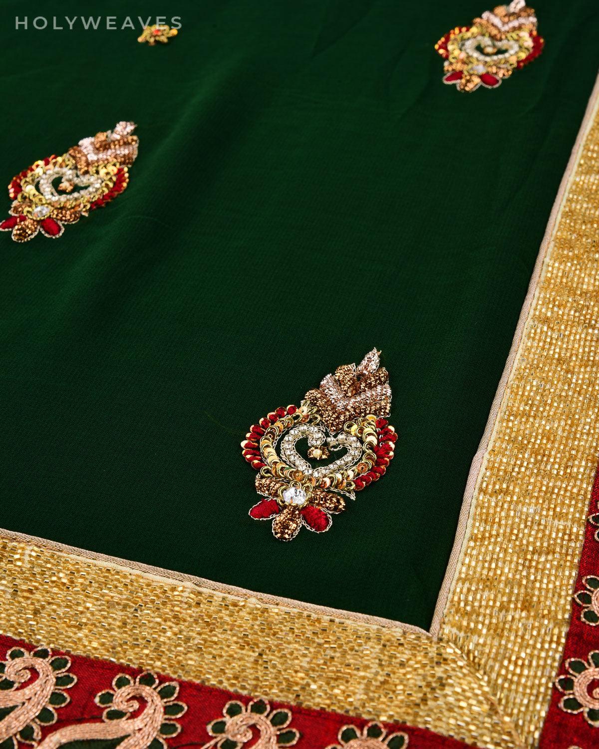 Midnight Green Hand-embroidered Georgette Saree - By HolyWeaves, Benares