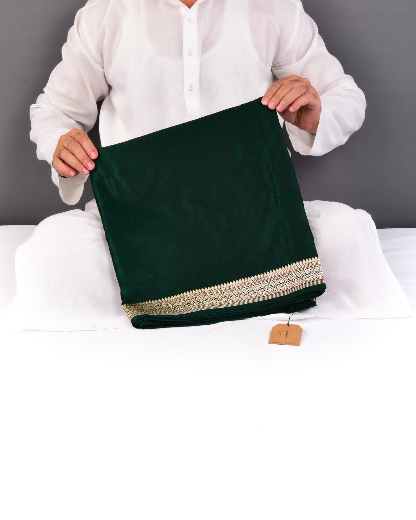 Midnight Green Moroccon Grid Satin Tanchoi Brocade Handwoven Katan Silk Saree - By HolyWeaves, Benares