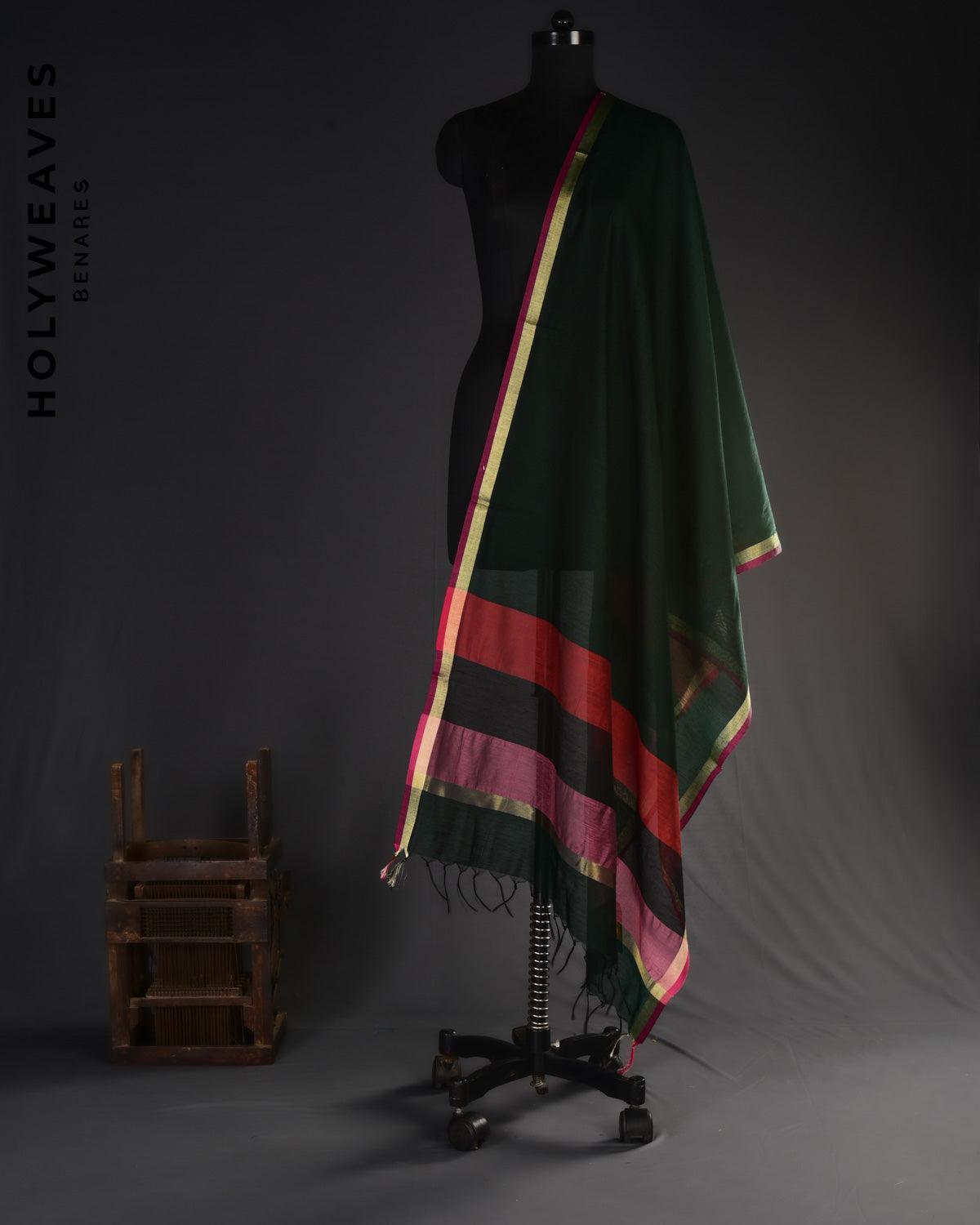 Midnight Green Woven Cotton Silk Dupatta - By HolyWeaves, Benares