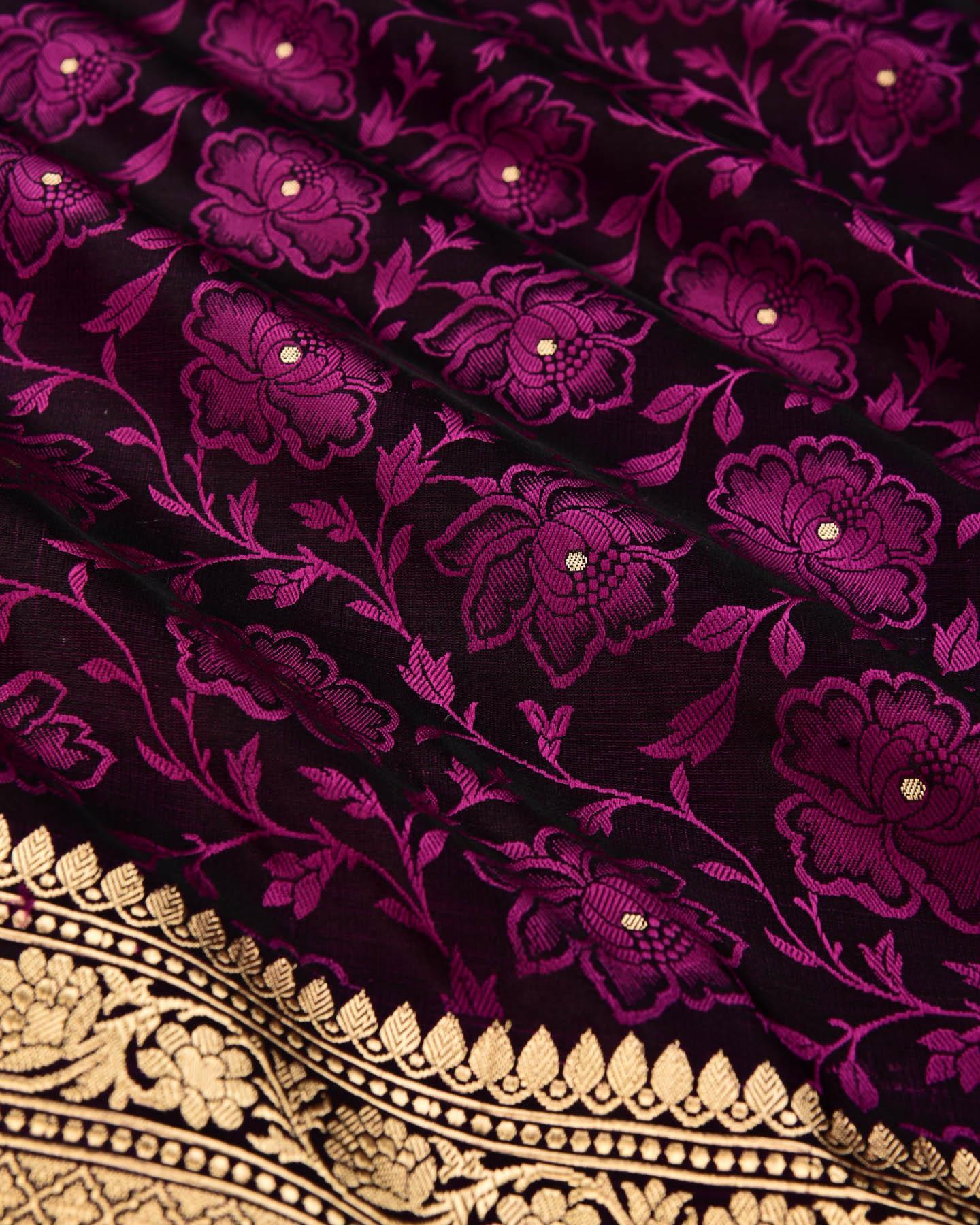 Midnight Purple Banarasi Floral Jaal Resham Tanchoi Handwoven Katan Silk Saree with Zari Brocade Border Pallu - By HolyWeaves, Benares