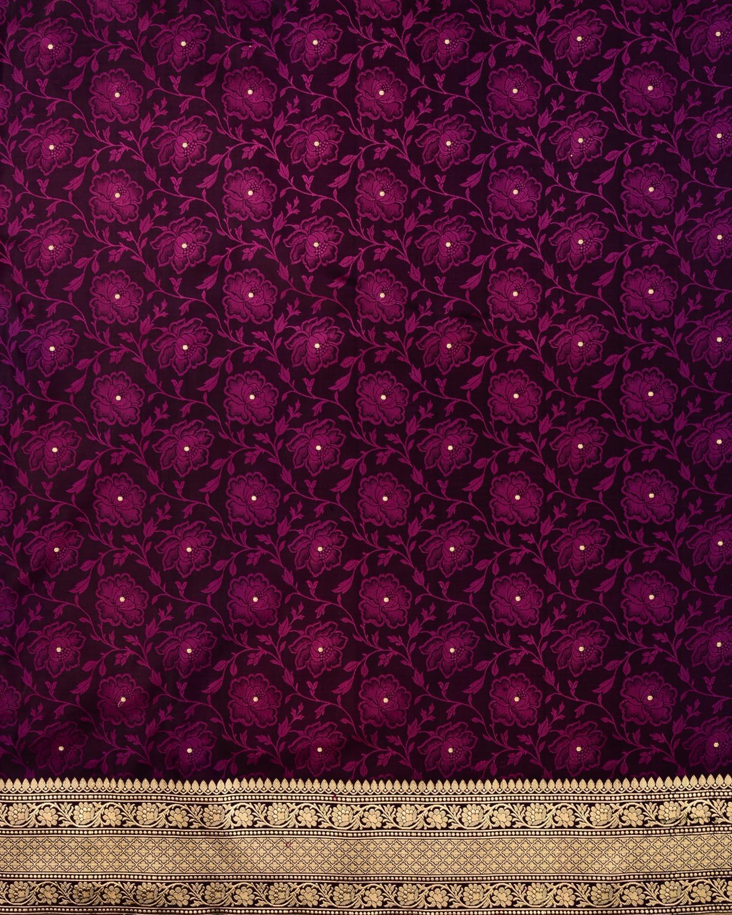 Midnight Purple Banarasi Floral Jaal Resham Tanchoi Handwoven Katan Silk Saree with Zari Brocade Border Pallu - By HolyWeaves, Benares