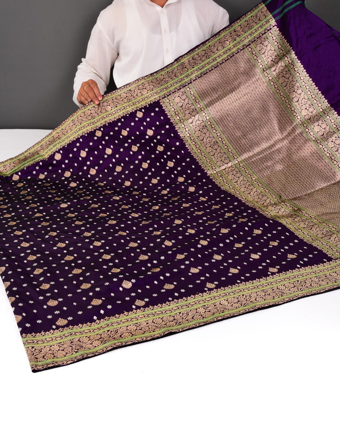 Midnight Purple Banarasi Gold & Silver Zari Buti Cutwork Brocade Handwoven Katan Silk Saree - By HolyWeaves, Benares